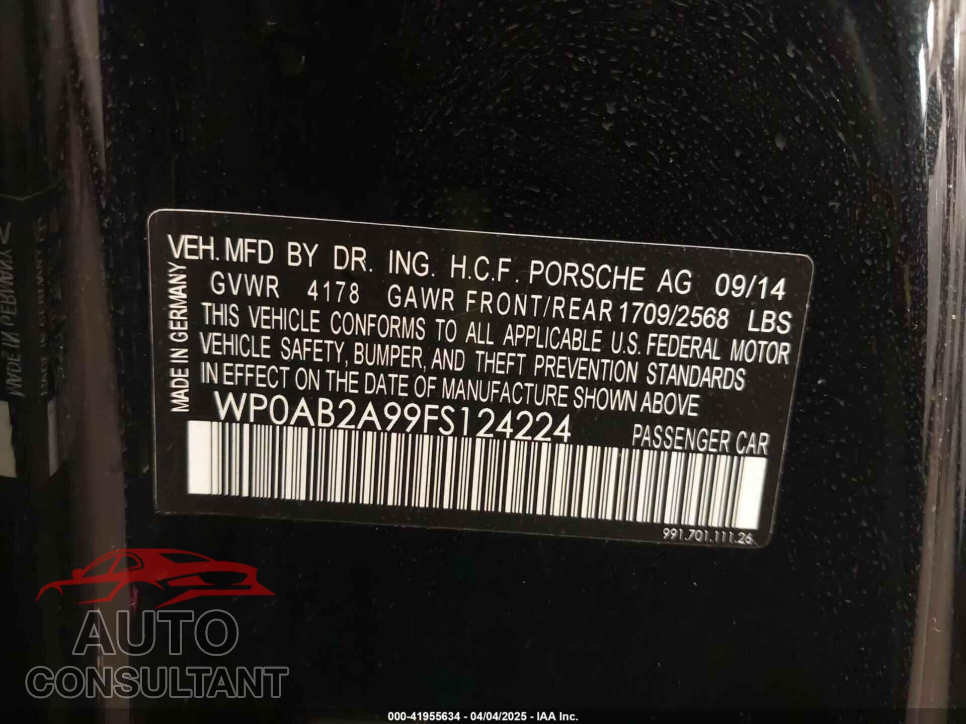 PORSCHE 911 2015 - WP0AB2A99FS124224