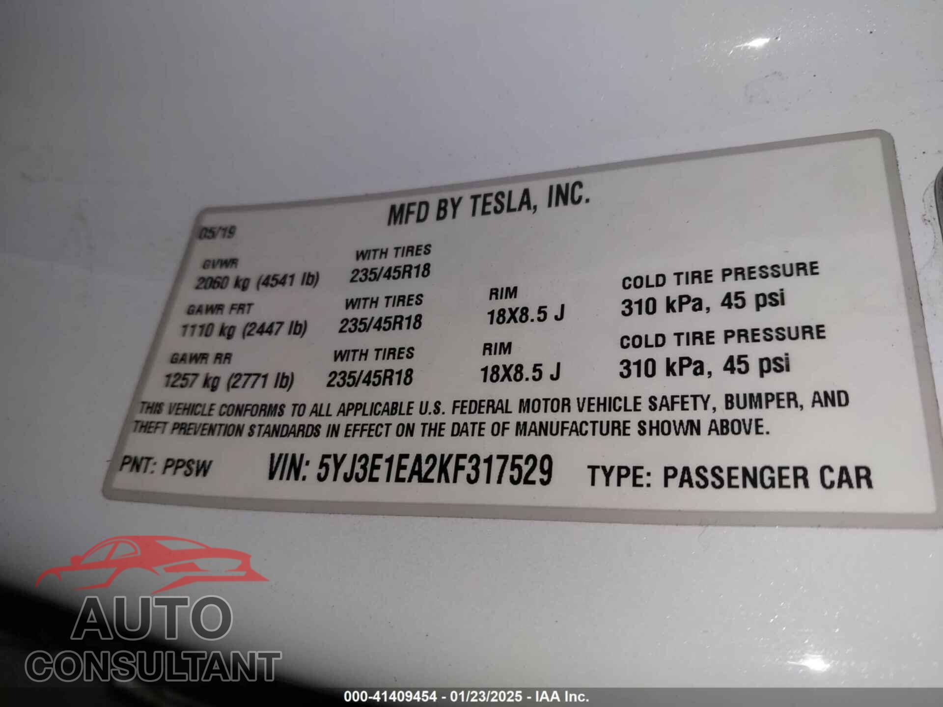 TESLA MODEL 3 2019 - 5YJ3E1EA2KF317529