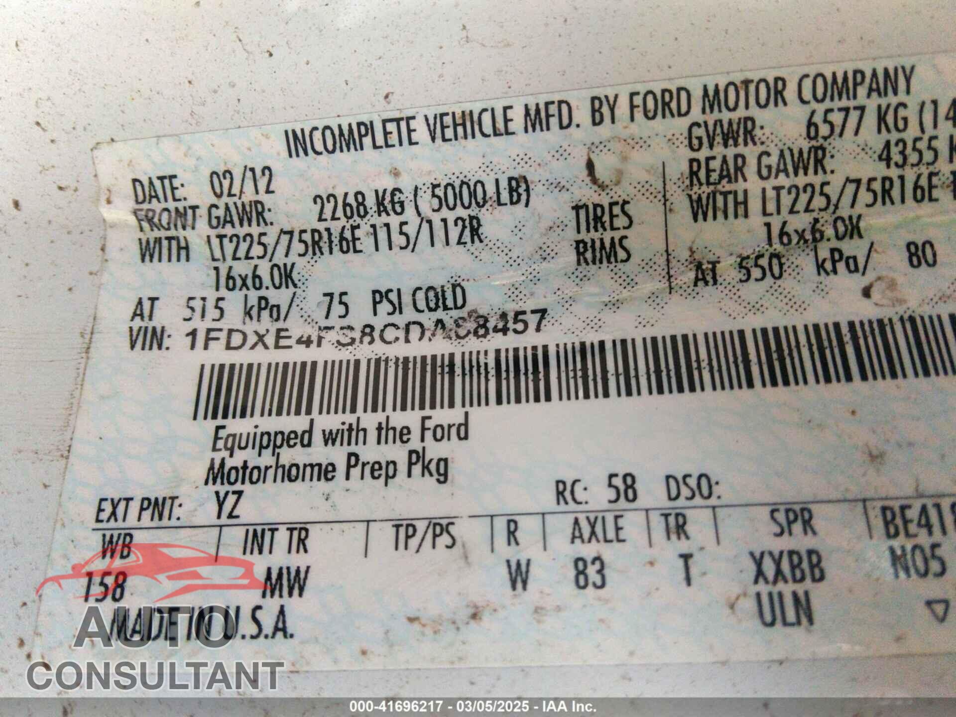 FORD E-450 CUTAWAY 2012 - 1FDXE4FS8CDA68457
