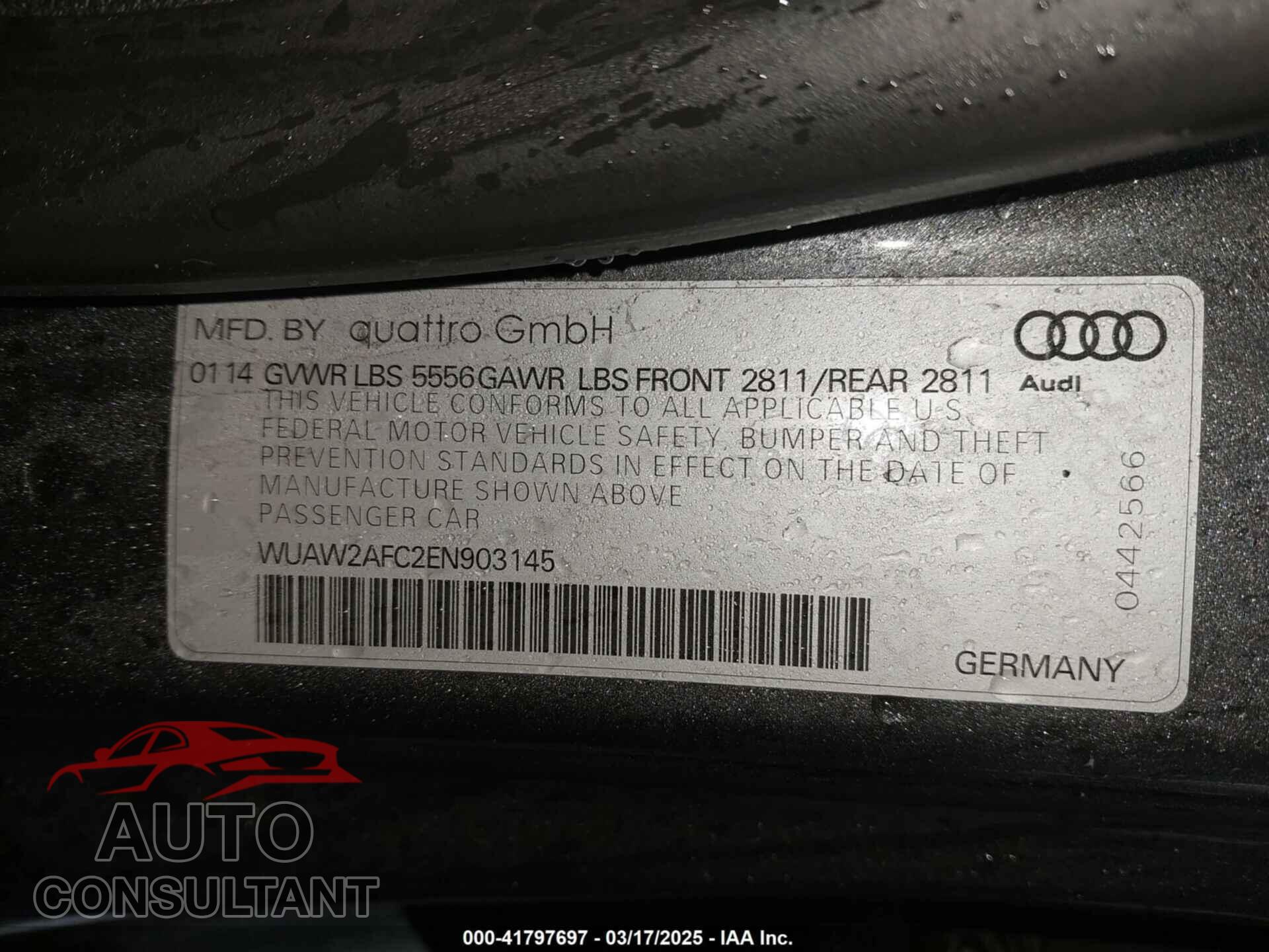 AUDI RS 7 2014 - WUAW2AFC2EN903145