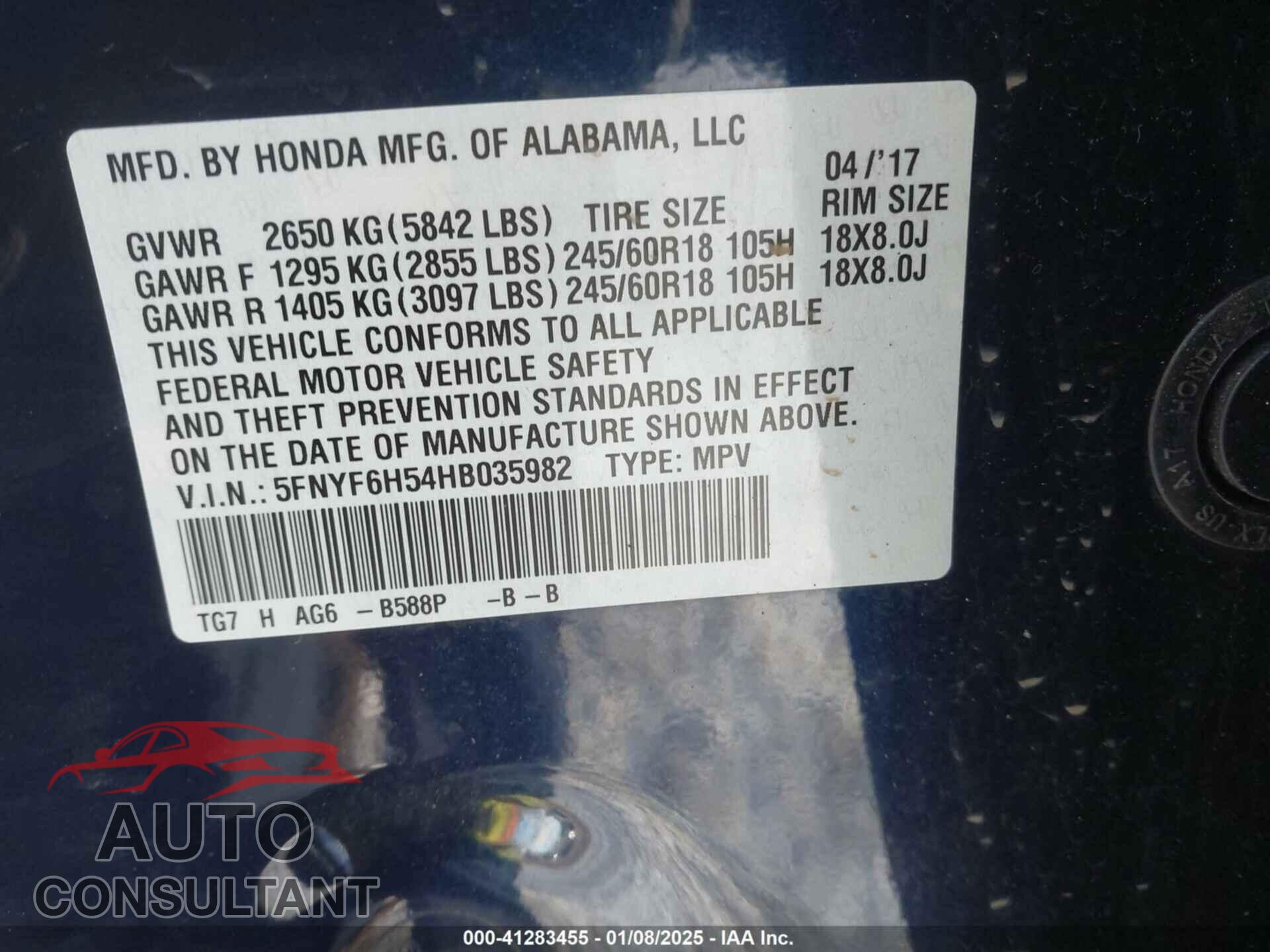 HONDA PILOT 2017 - 5FNYF6H54HB035982