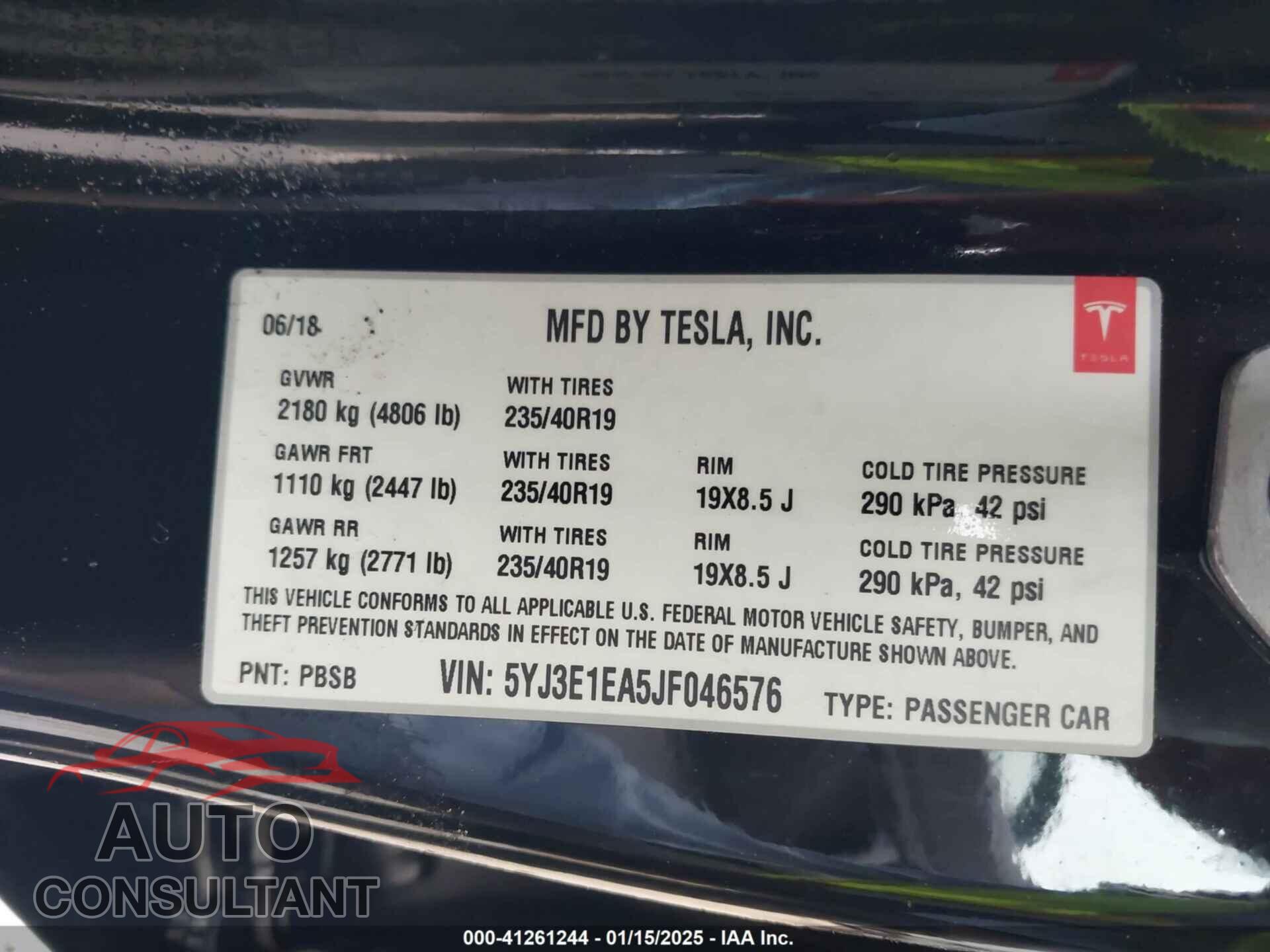 TESLA MODEL 3 2018 - 5YJ3E1EA5JF046576