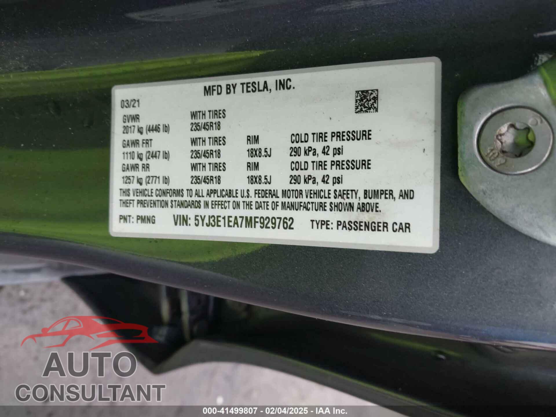TESLA MODEL 3 2021 - 5YJ3E1EA7MF929762