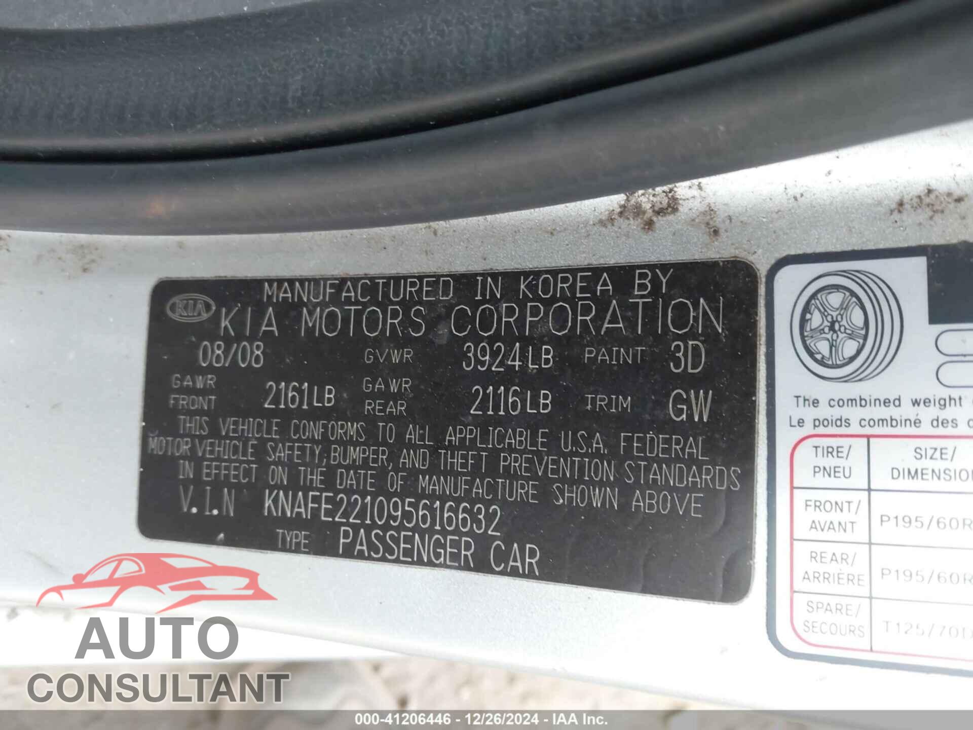 KIA SPECTRA 2009 - KNAFE221095616632