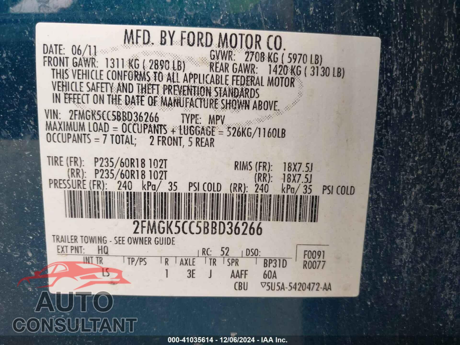 FORD FLEX 2011 - 2FMGK5CC5BBD36266