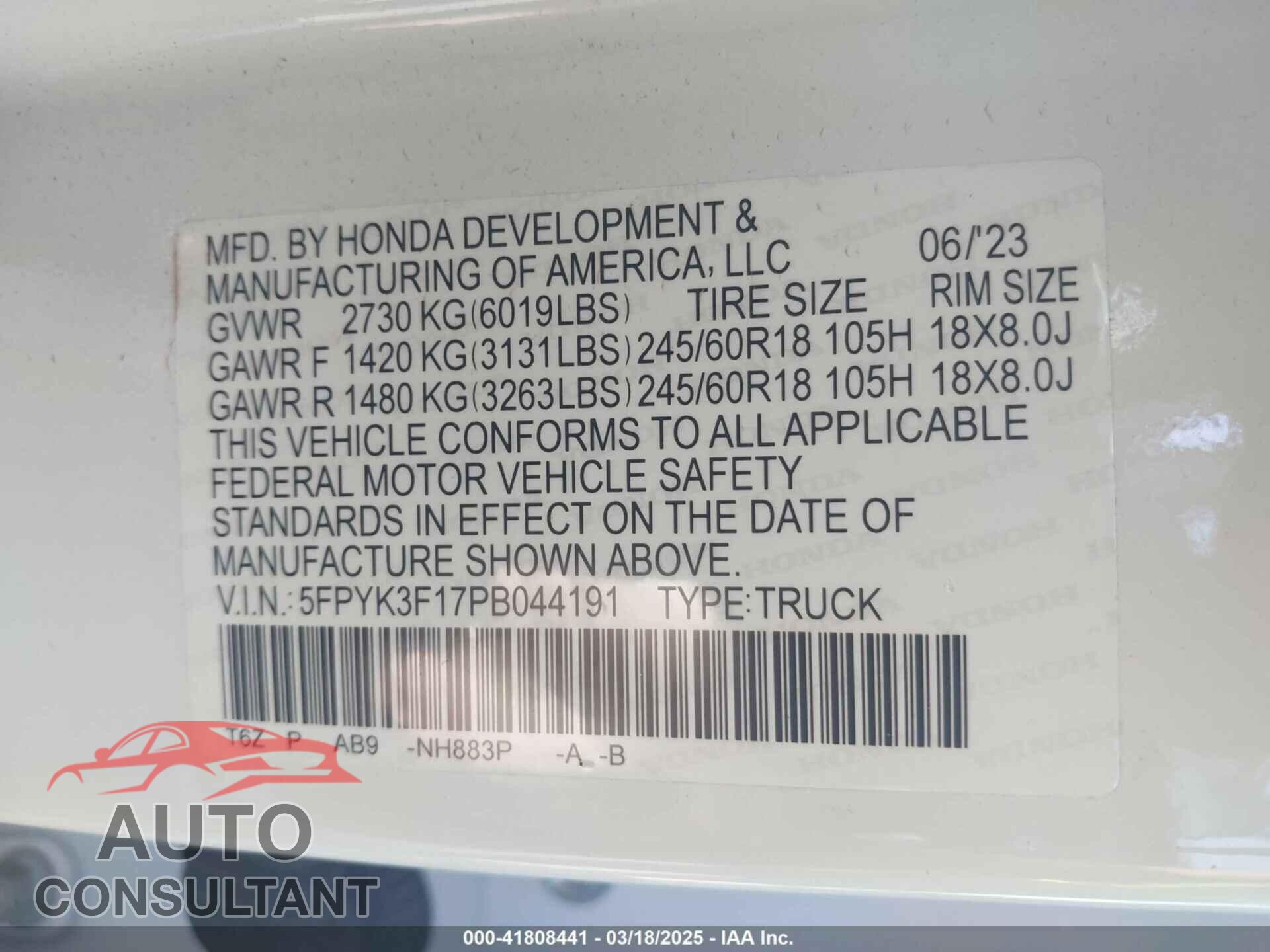 HONDA RIDGELINE 2023 - 5FPYK3F17PB044191