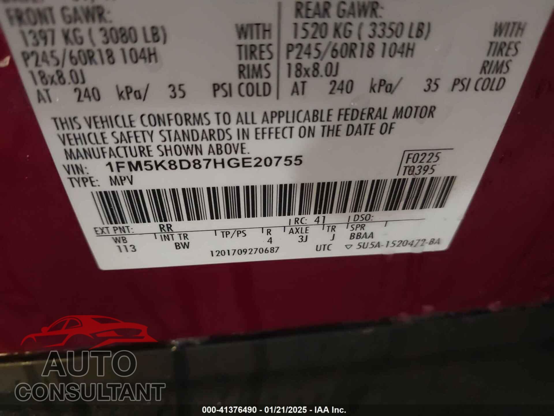 FORD EXPLORER 2017 - 1FM5K8D87HGE20755