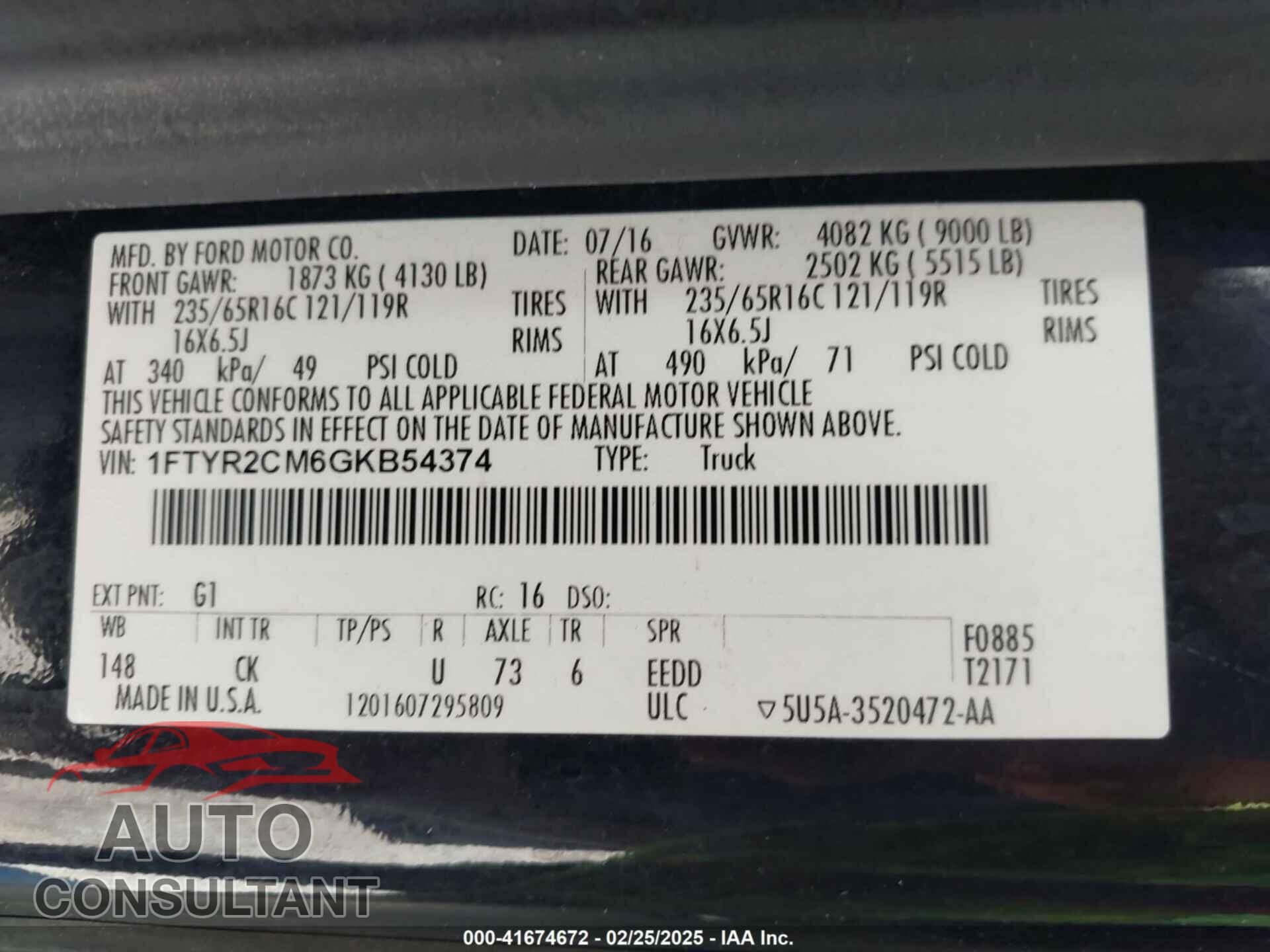 FORD TRANSIT-250 2016 - 1FTYR2CM6GKB54374