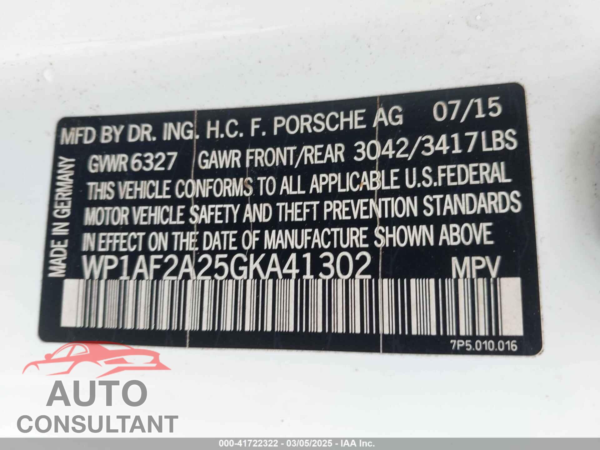 PORSCHE CAYENNE 2016 - WP1AF2A25GKA41302