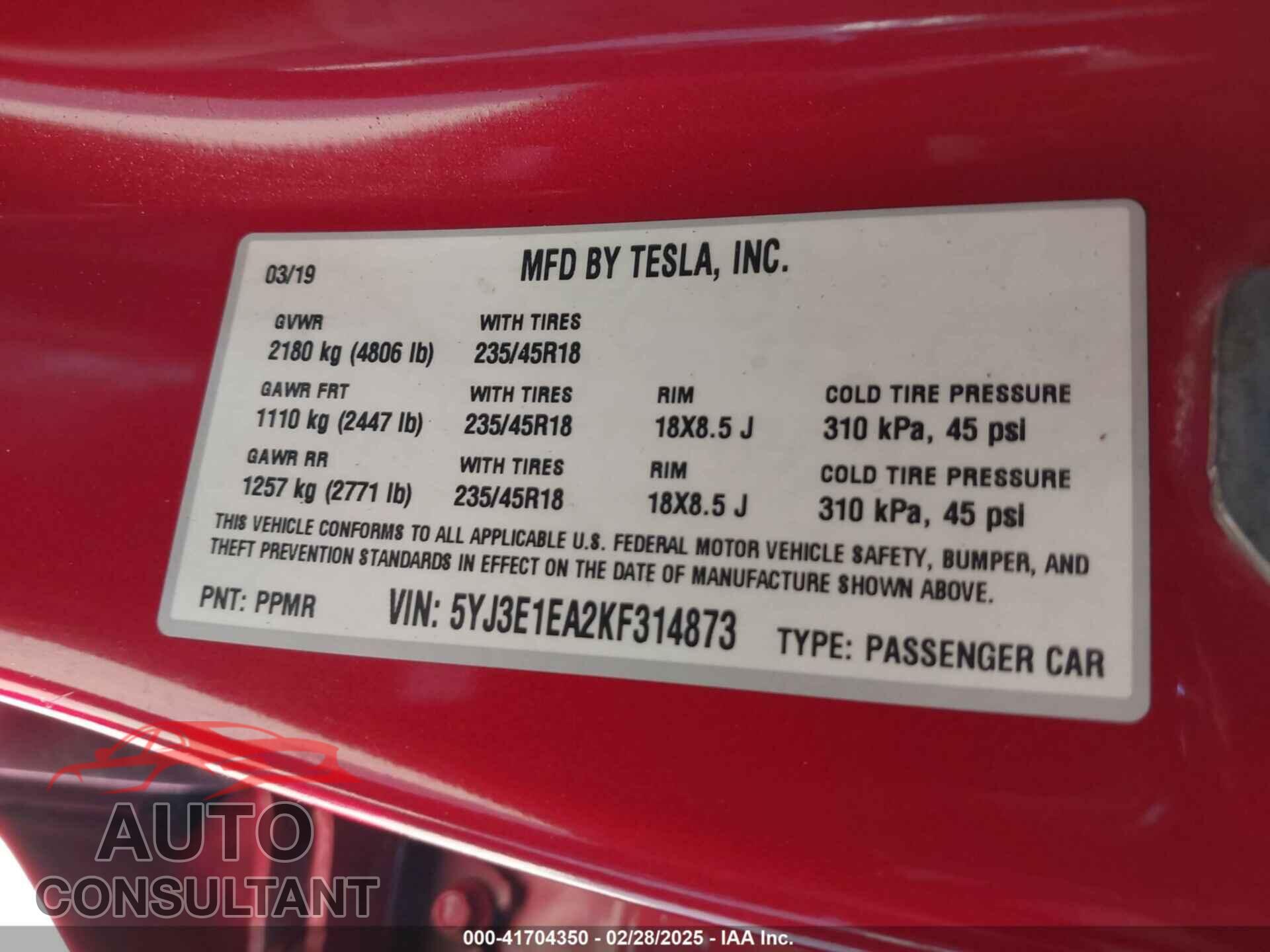 TESLA MODEL 3 2019 - 5YJ3E1EA2KF314873