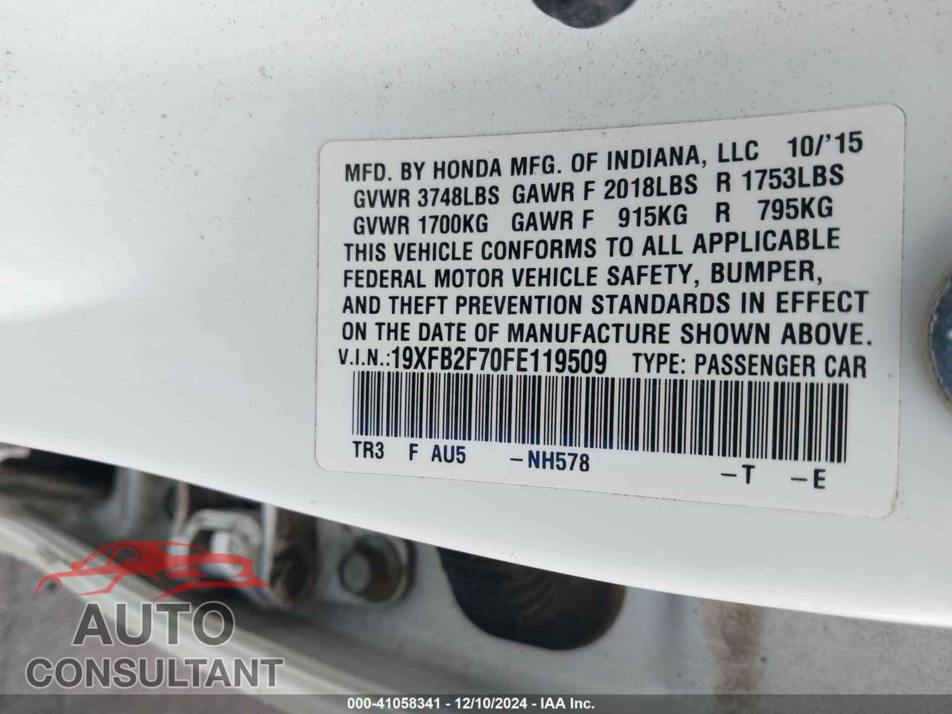 HONDA CIVIC 2015 - 19XFB2F70FE119509