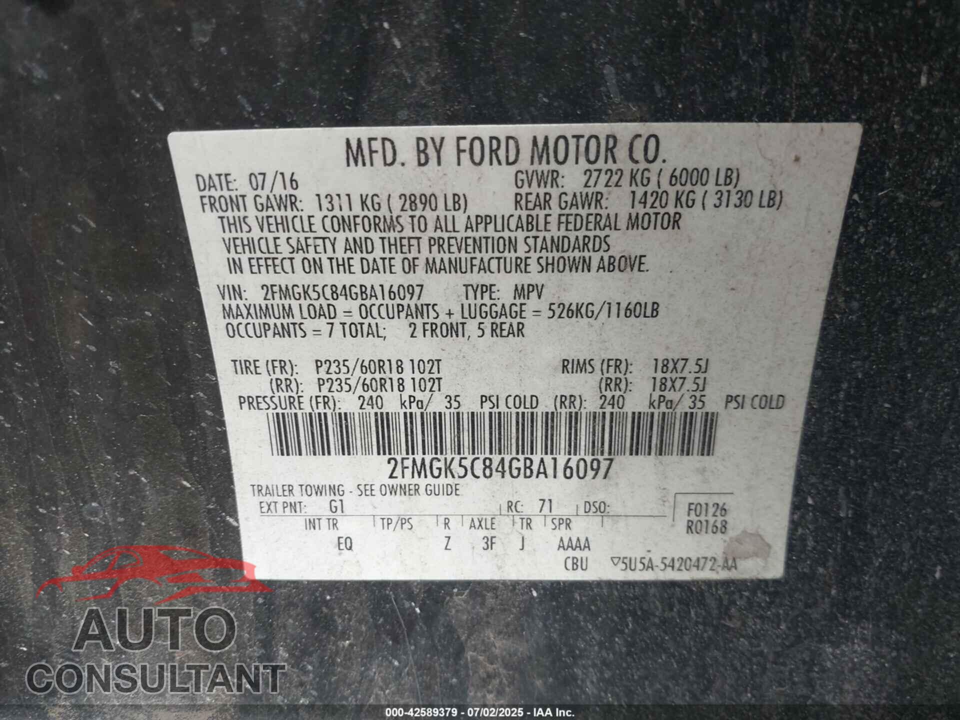 FORD FLEX 2016 - 2FMGK5C84GBA16097