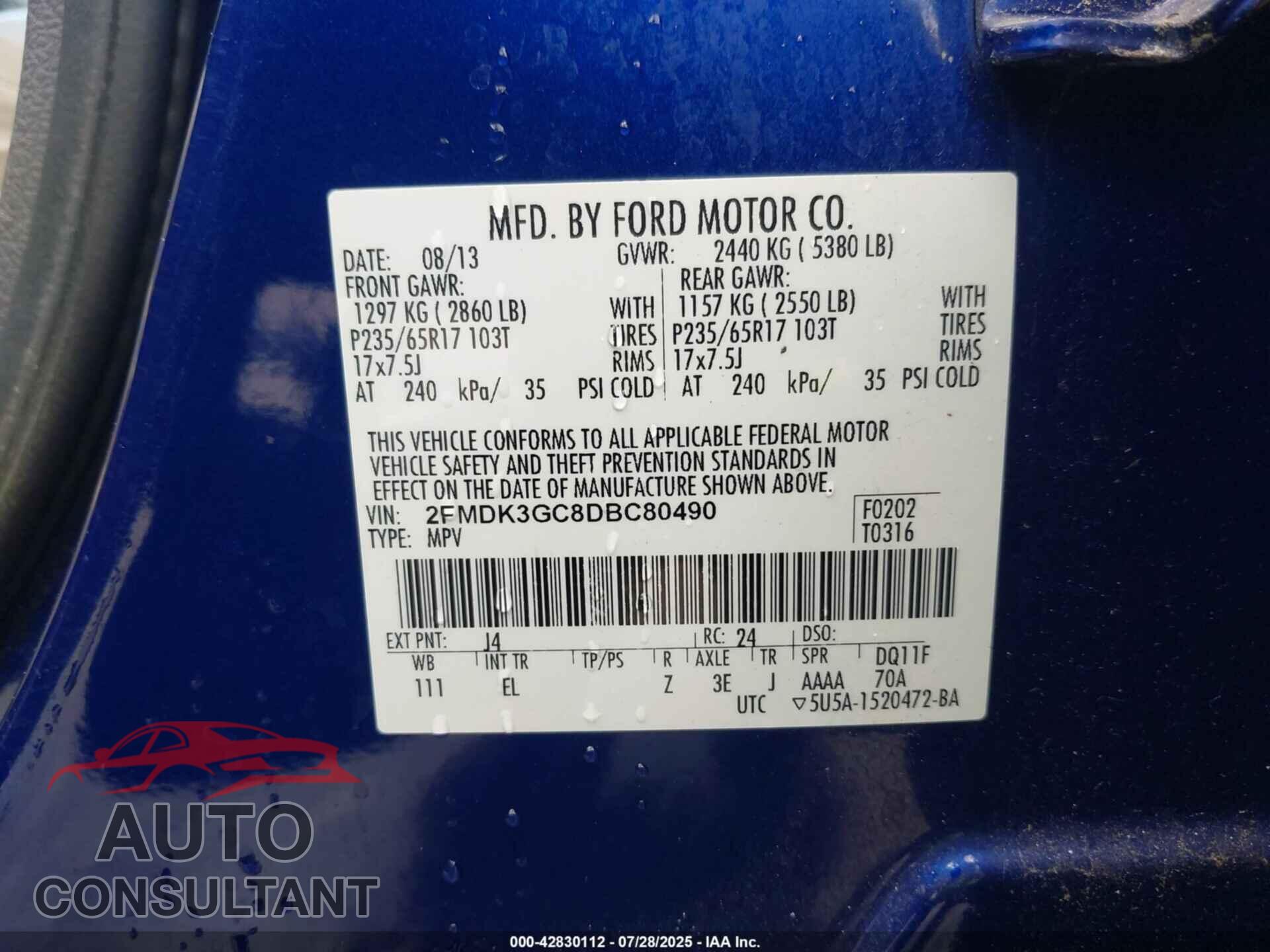 FORD EDGE 2013 - 2FMDK3GC8DBC80490
