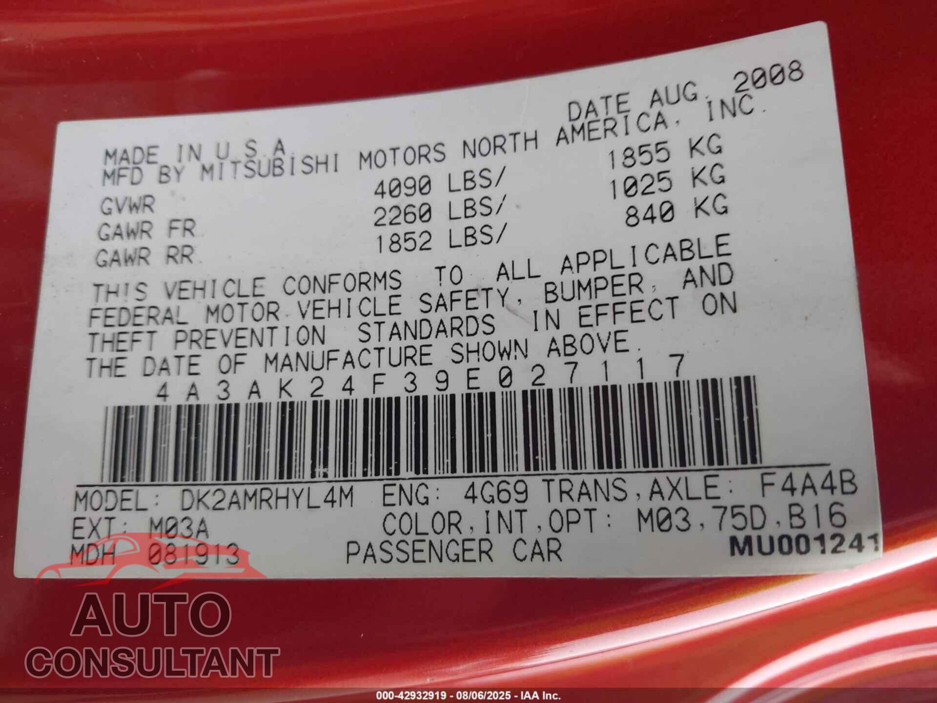 MITSUBISHI ECLIPSE 2009 - 4A3AK24F39E027117