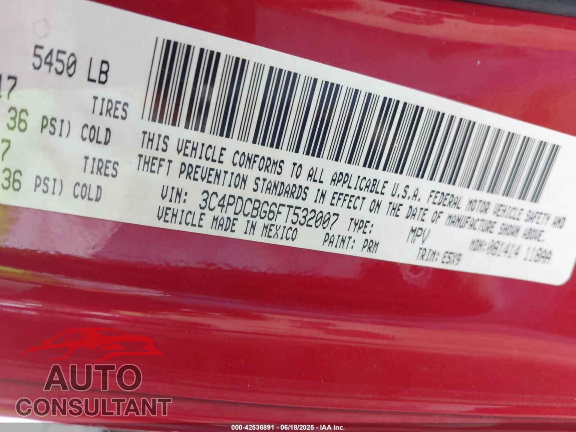 DODGE JOURNEY 2015 - 3C4PDCBG6FT532007