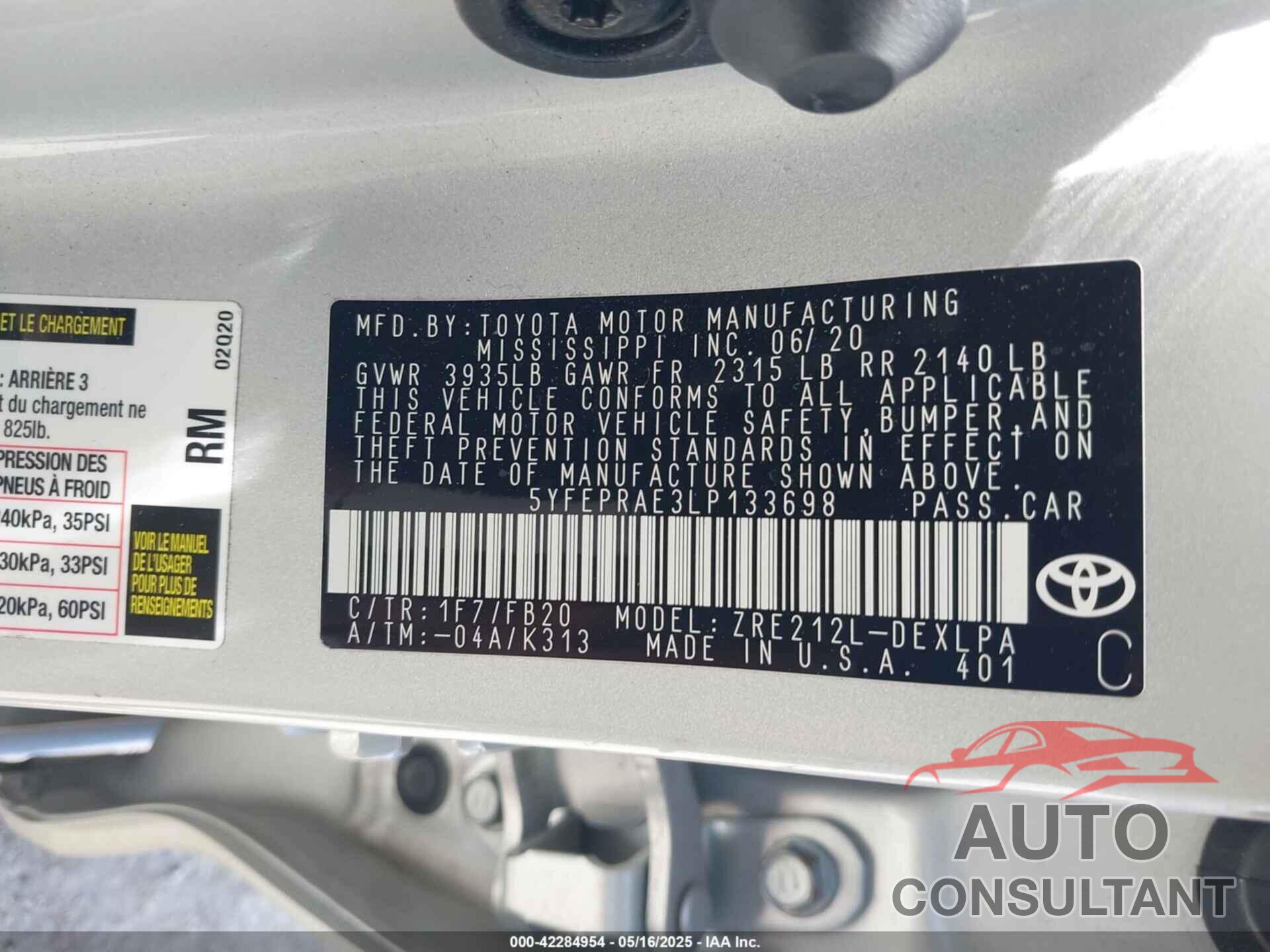 TOYOTA COROLLA 2020 - 5YFEPRAE3LP133698