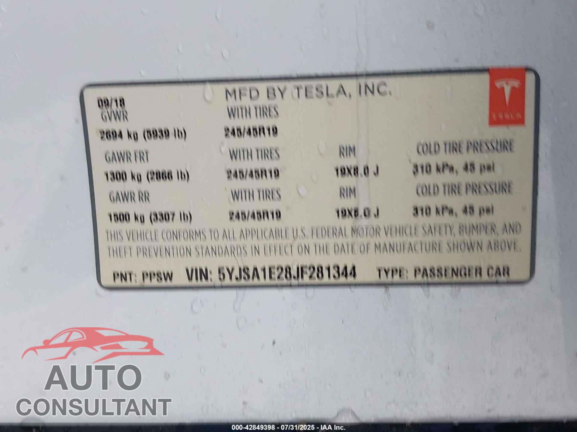 TESLA MODEL S 2018 - 5YJSA1E28JF281344