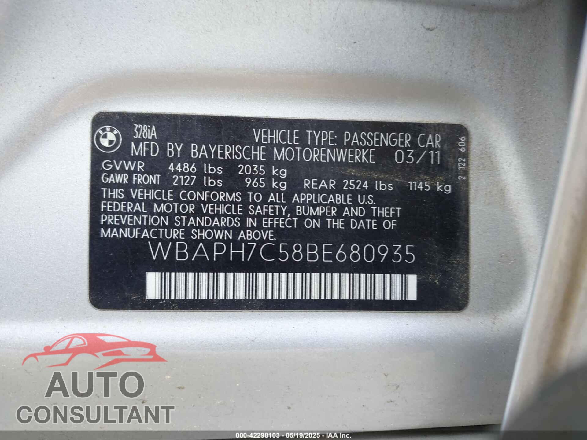 BMW 328I 2011 - WBAPH7C58BE680935