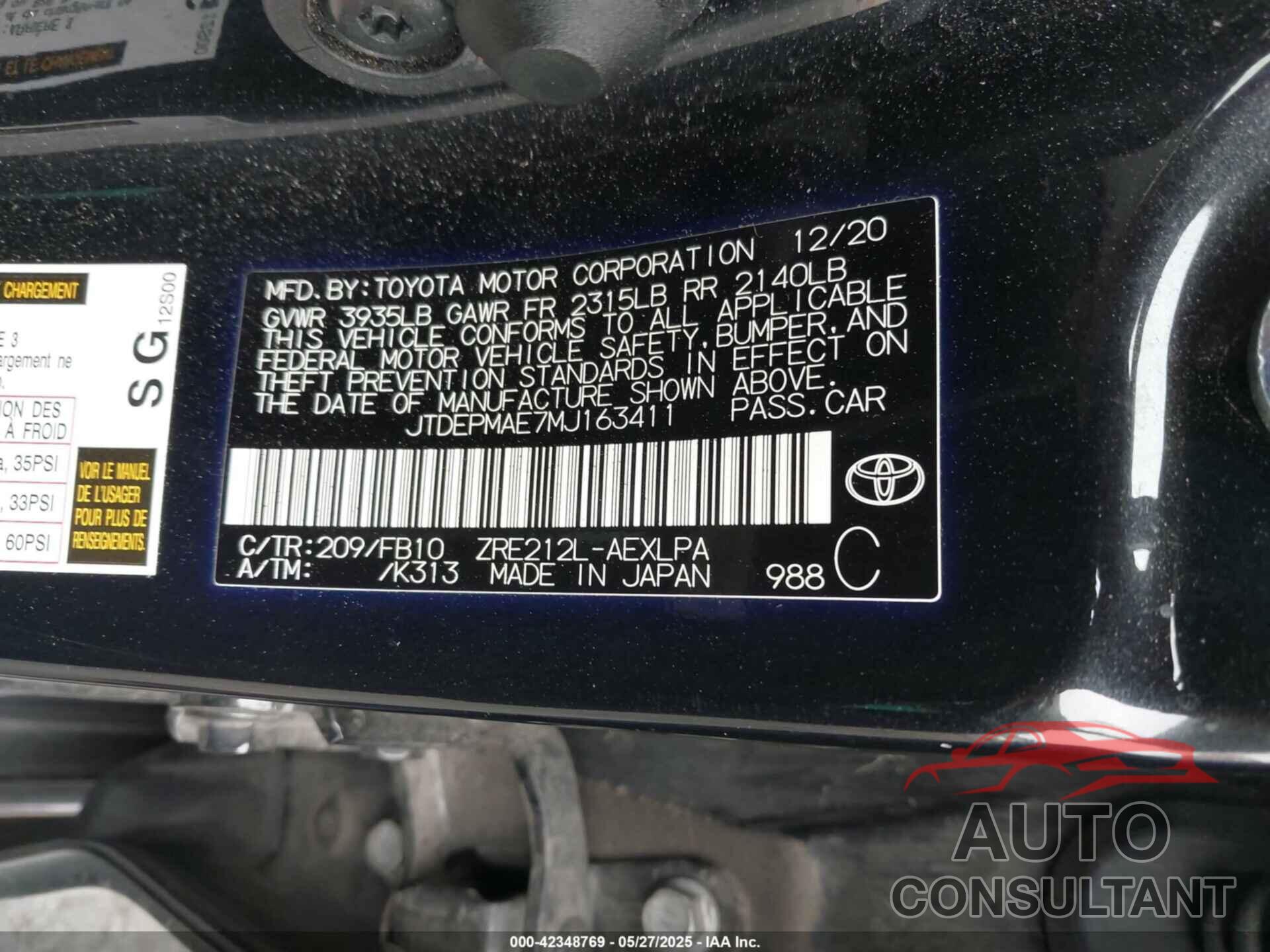 TOYOTA COROLLA 2021 - JTDEPMAE7MJ163411