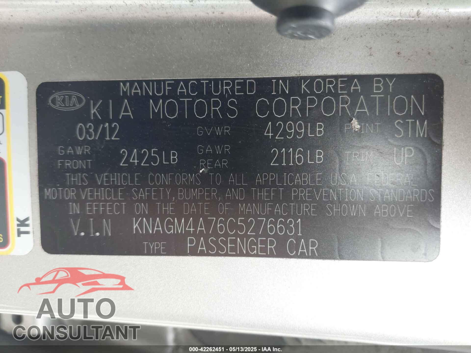 KIA OPTIMA 2012 - KNAGM4A76C5276631