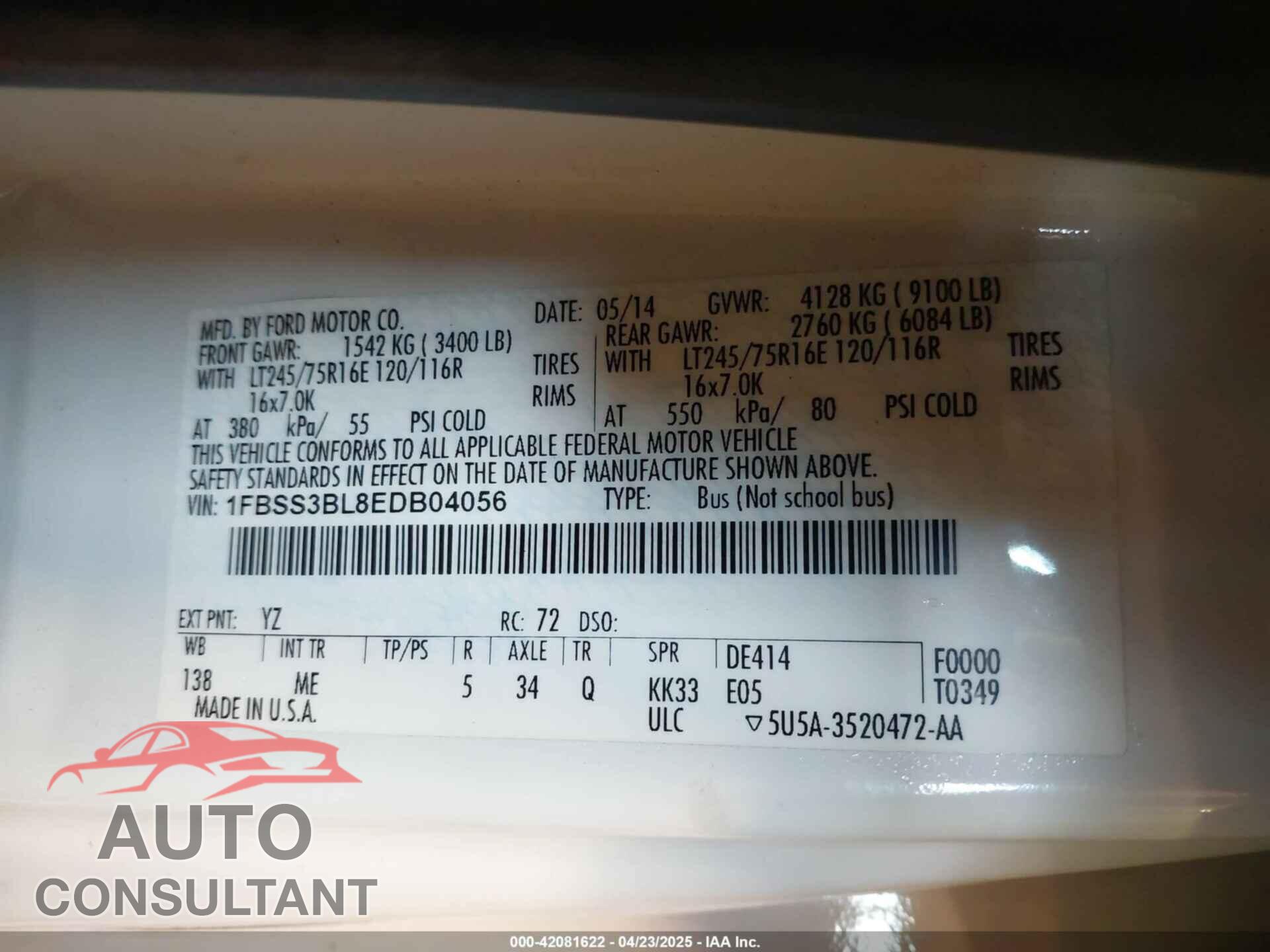 FORD E-350 SUPER DUTY 2014 - 1FBSS3BL8EDB04056