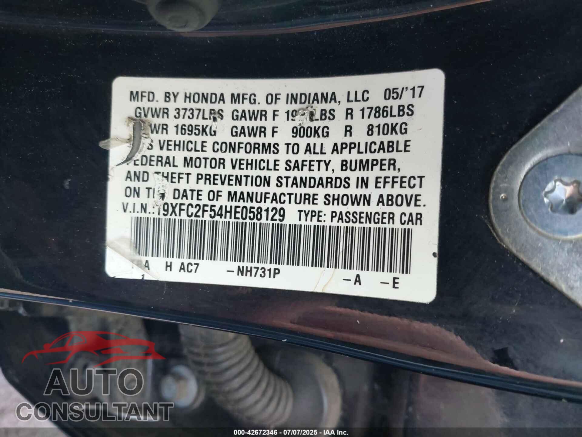 HONDA CIVIC 2017 - 19XFC2F54HE058129