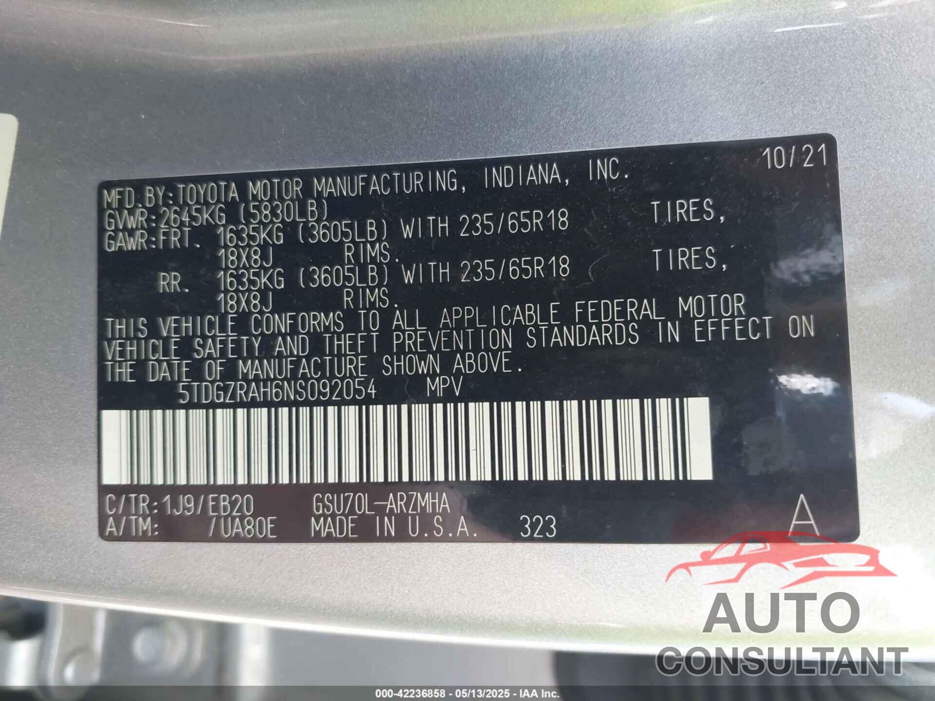 TOYOTA HIGHLANDER 2022 - 5TDGZRAH6NS092054