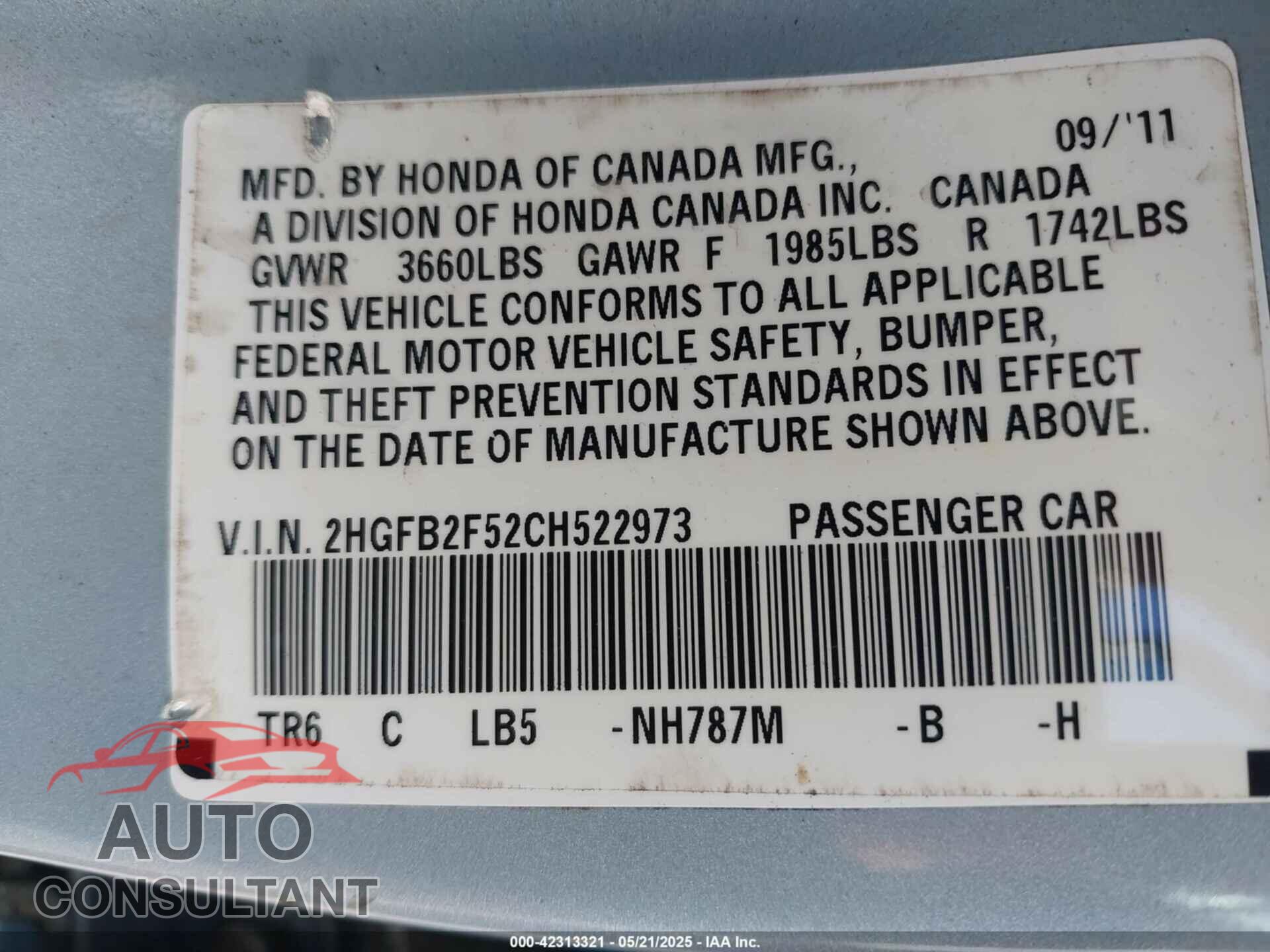 HONDA CIVIC 2012 - 2HGFB2F52CH522973