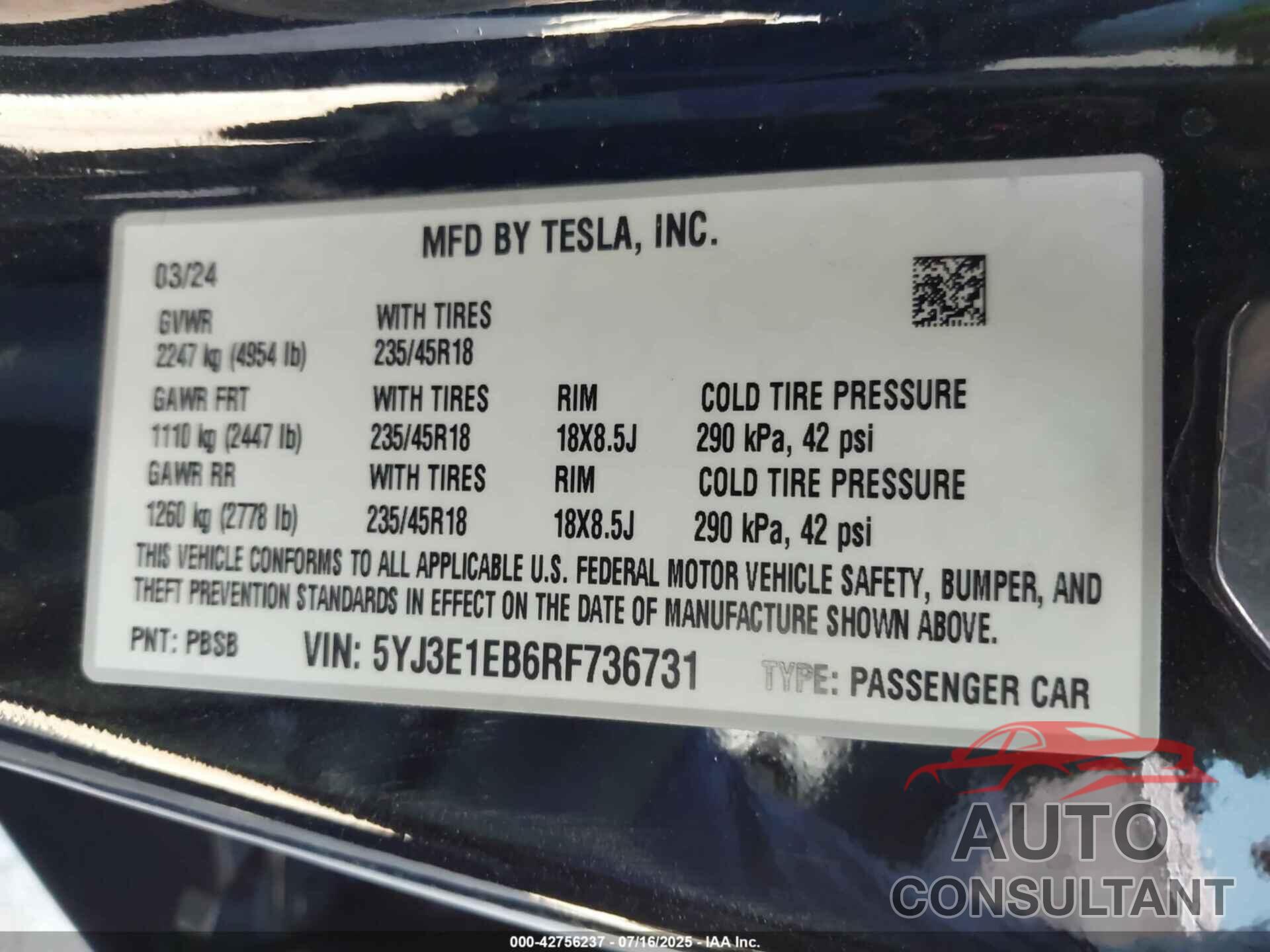 TESLA MODEL 3 2024 - 5YJ3E1EB6RF736731