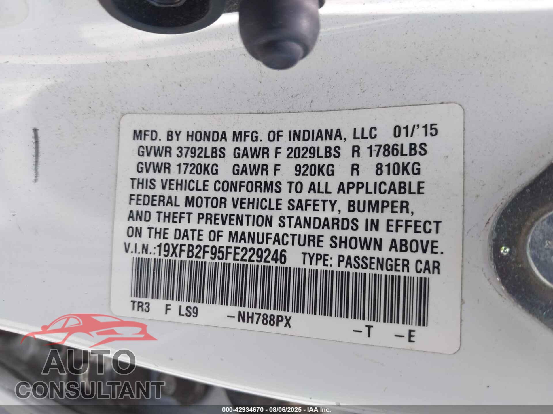 HONDA CIVIC 2015 - 19XFB2F95FE229246