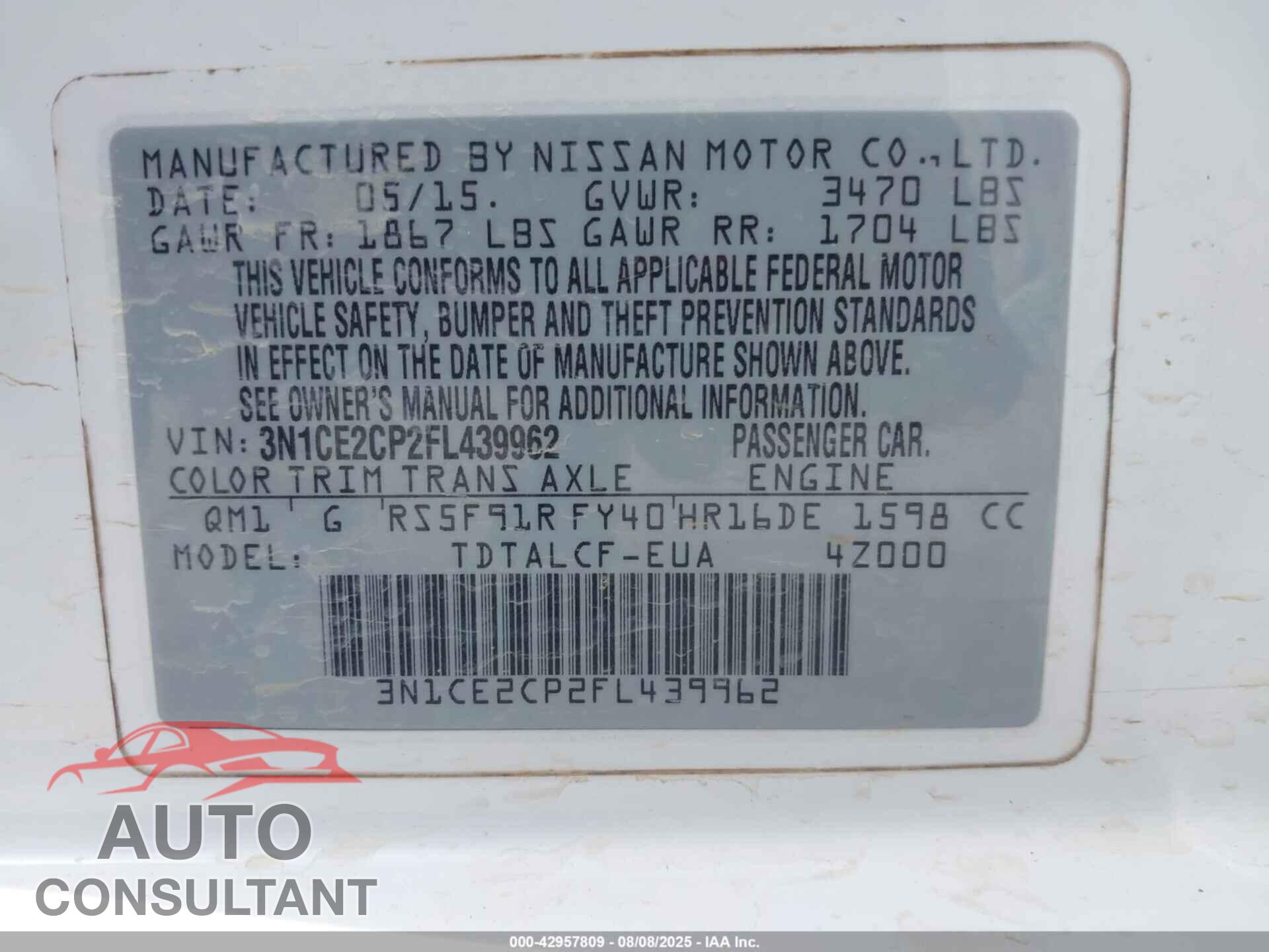 NISSAN VERSA NOTE 2015 - 3N1CE2CP2FL439962