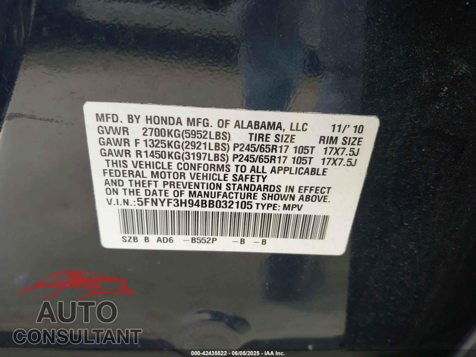 HONDA PILOT 2011 - 5FNYF3H94BB032105