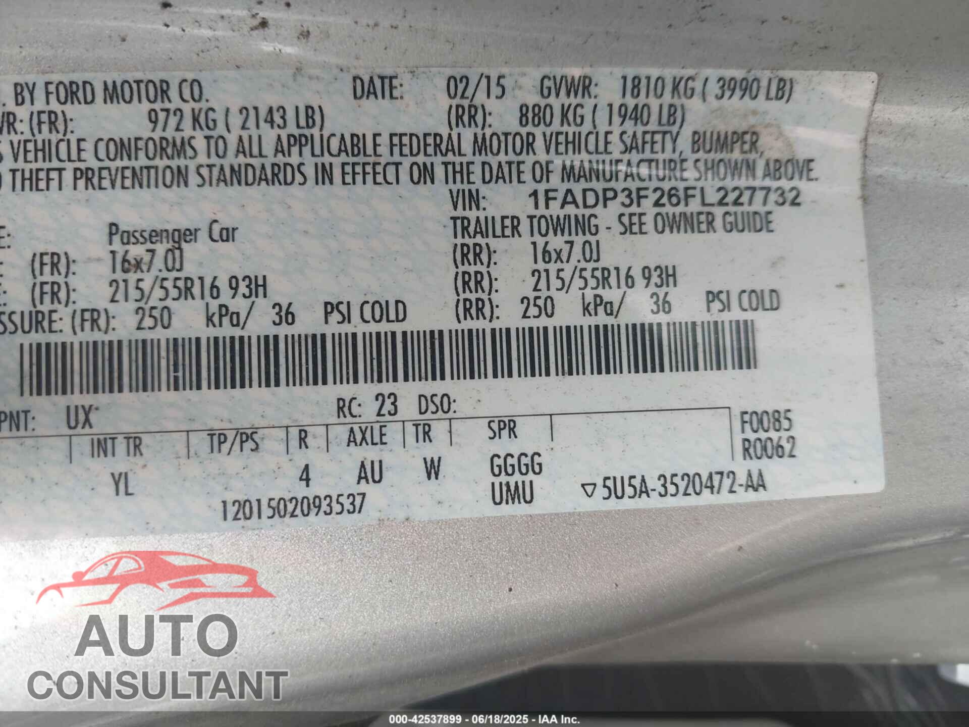 FORD FOCUS 2015 - 1FADP3F26FL227732