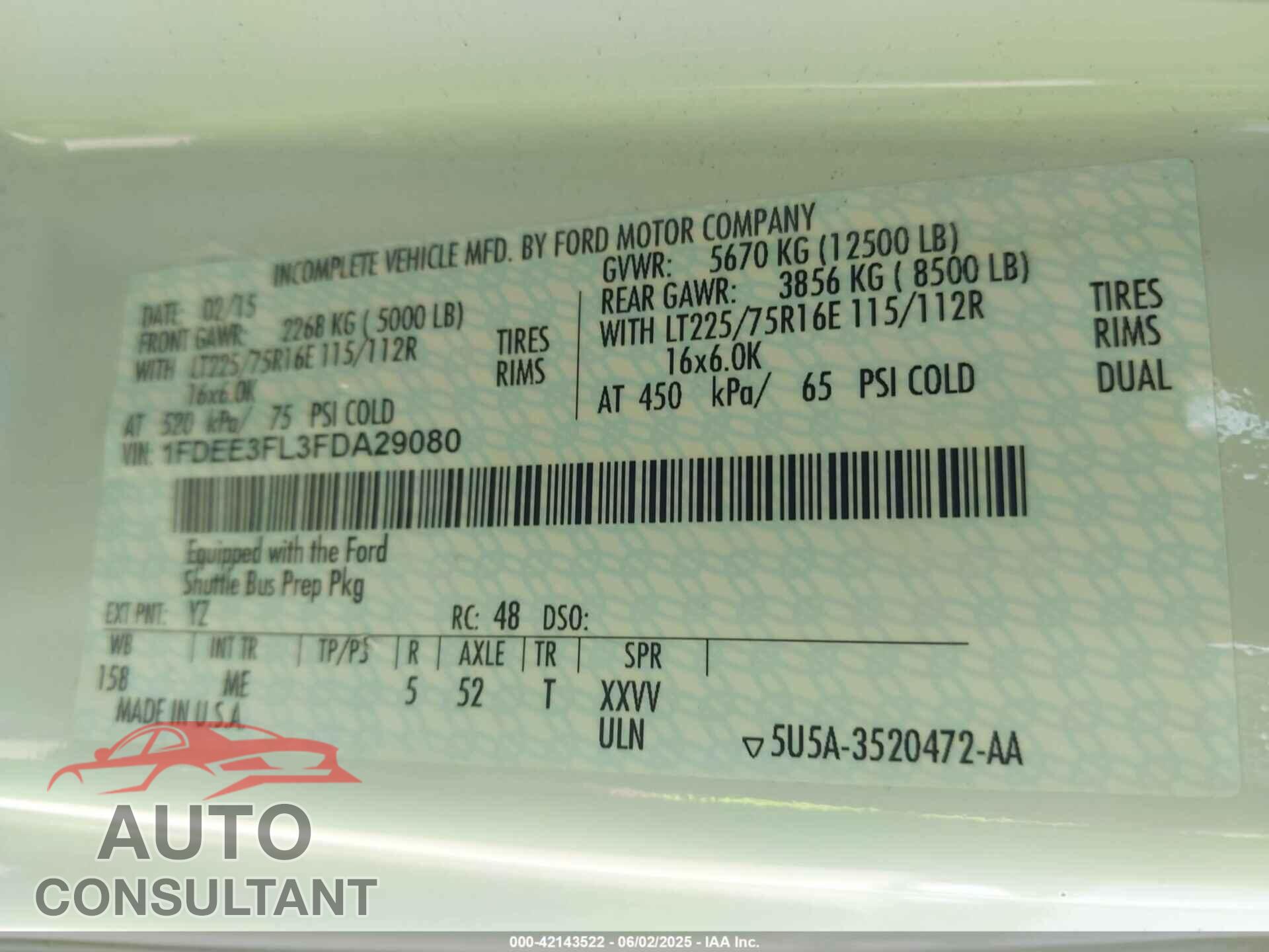 FORD E-350 CUTAWAY 2015 - 1FDEE3FL3FDA29080