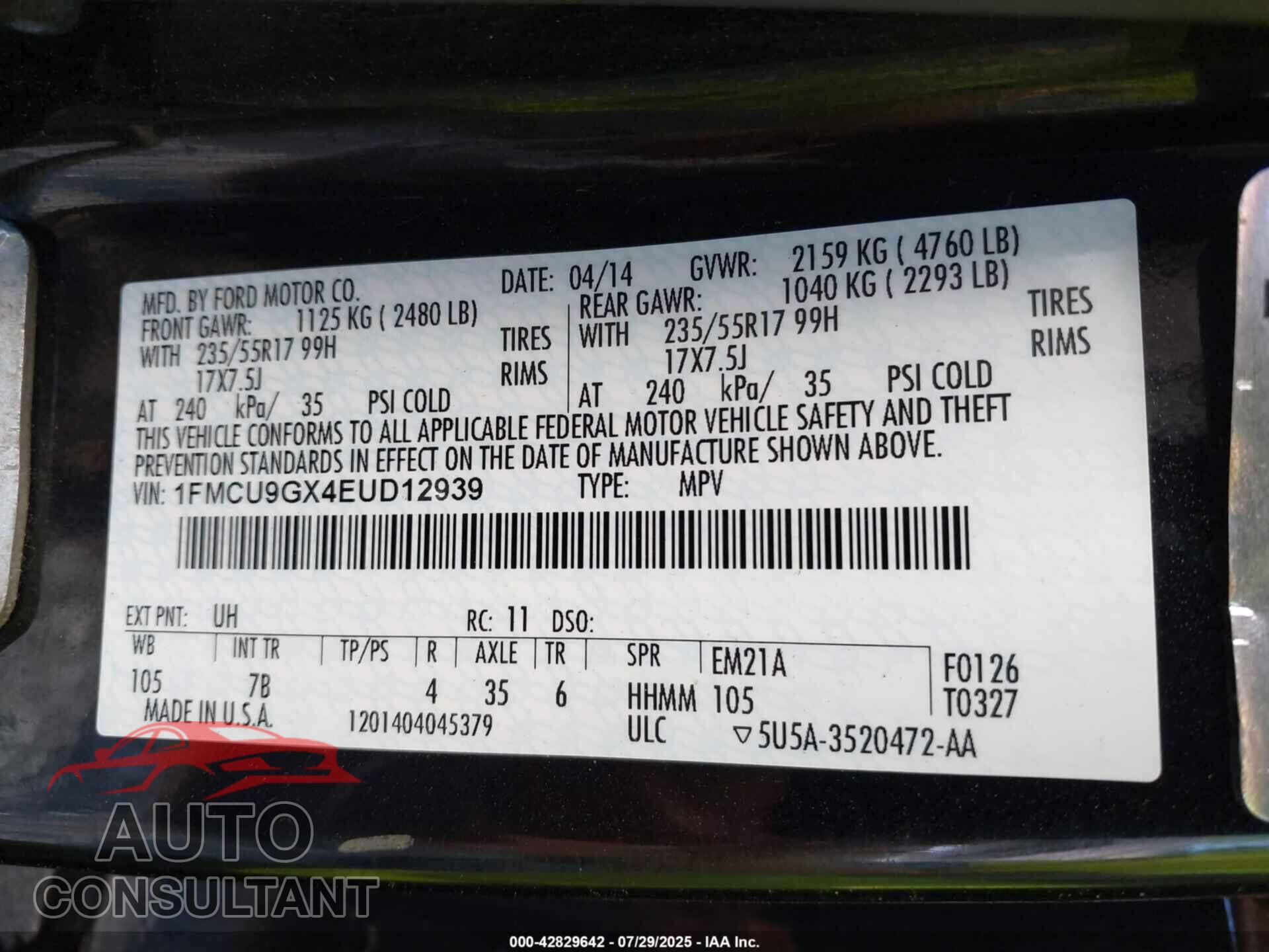 FORD ESCAPE 2014 - 1FMCU9GX4EUD12939