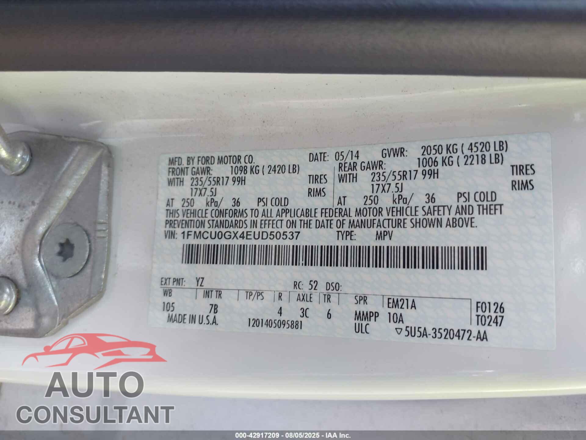 FORD ESCAPE 2014 - 1FMCU0GX4EUD50537
