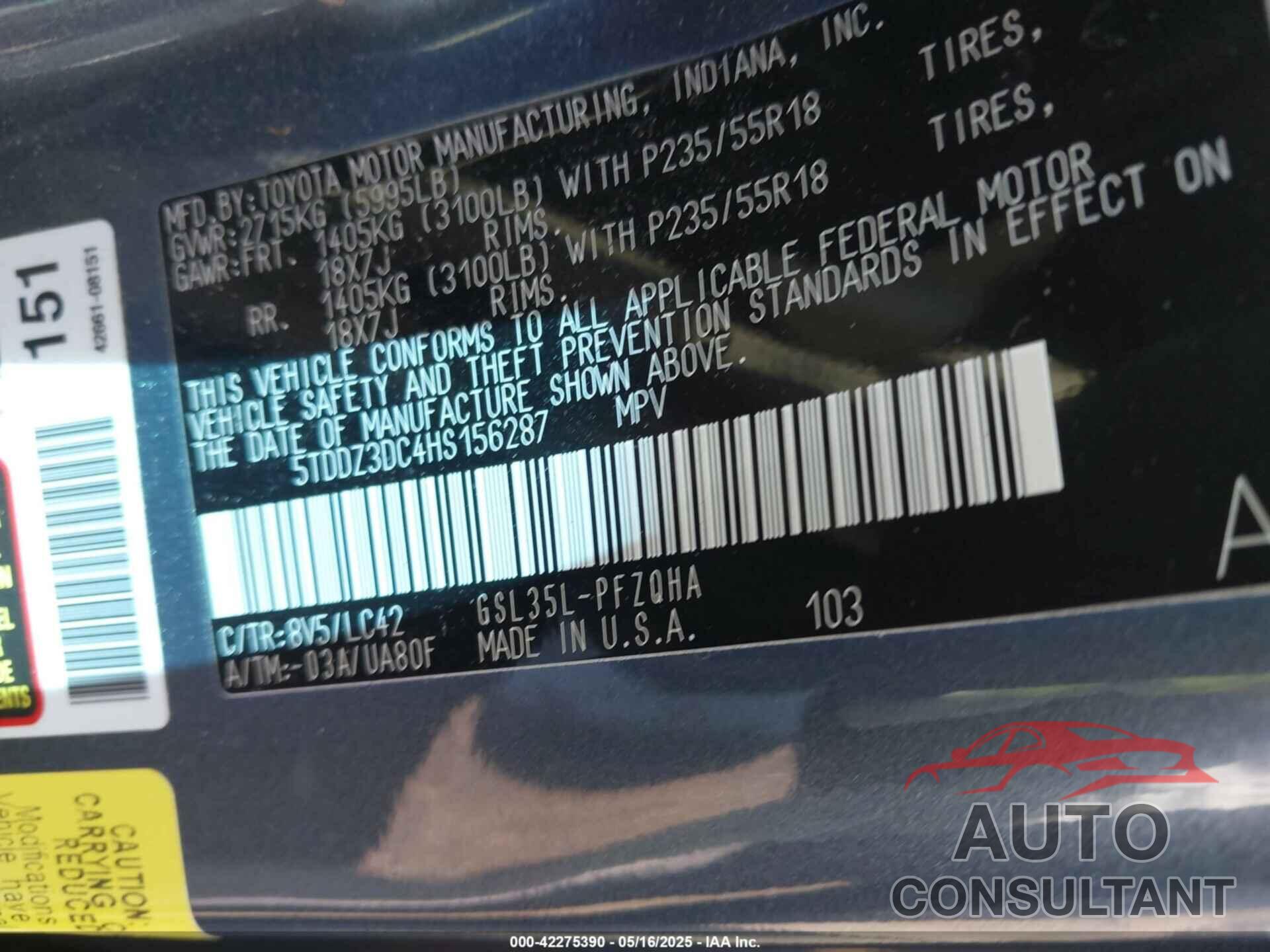 TOYOTA SIENNA 2017 - 5TDDZ3DC4HS156287