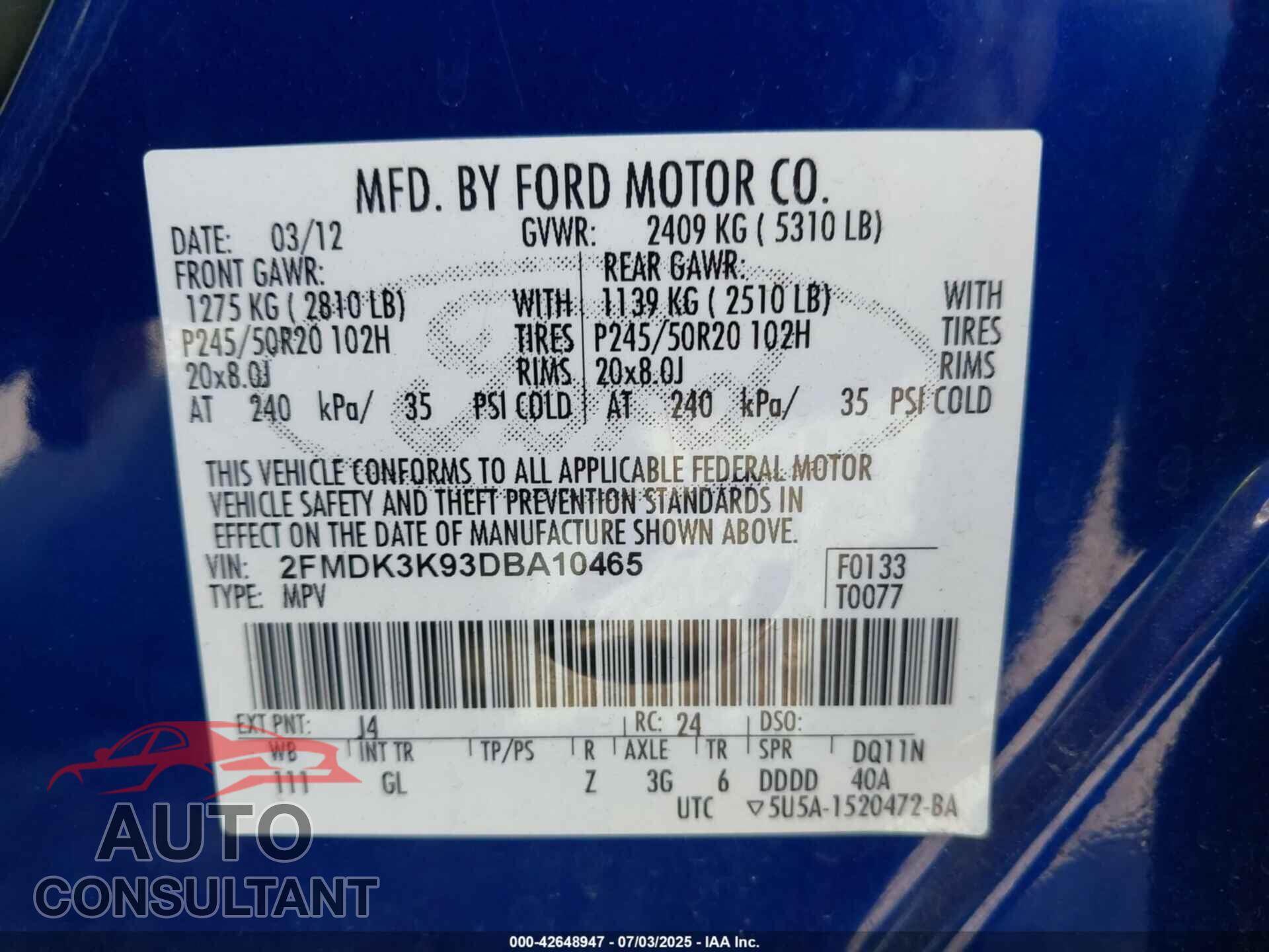 FORD EDGE 2013 - 2FMDK3K93DBA10465