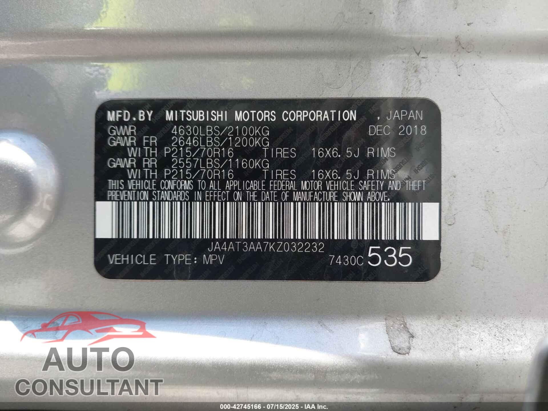 MITSUBISHI ECLIPSE CROSS 2019 - JA4AT3AA7KZ032232