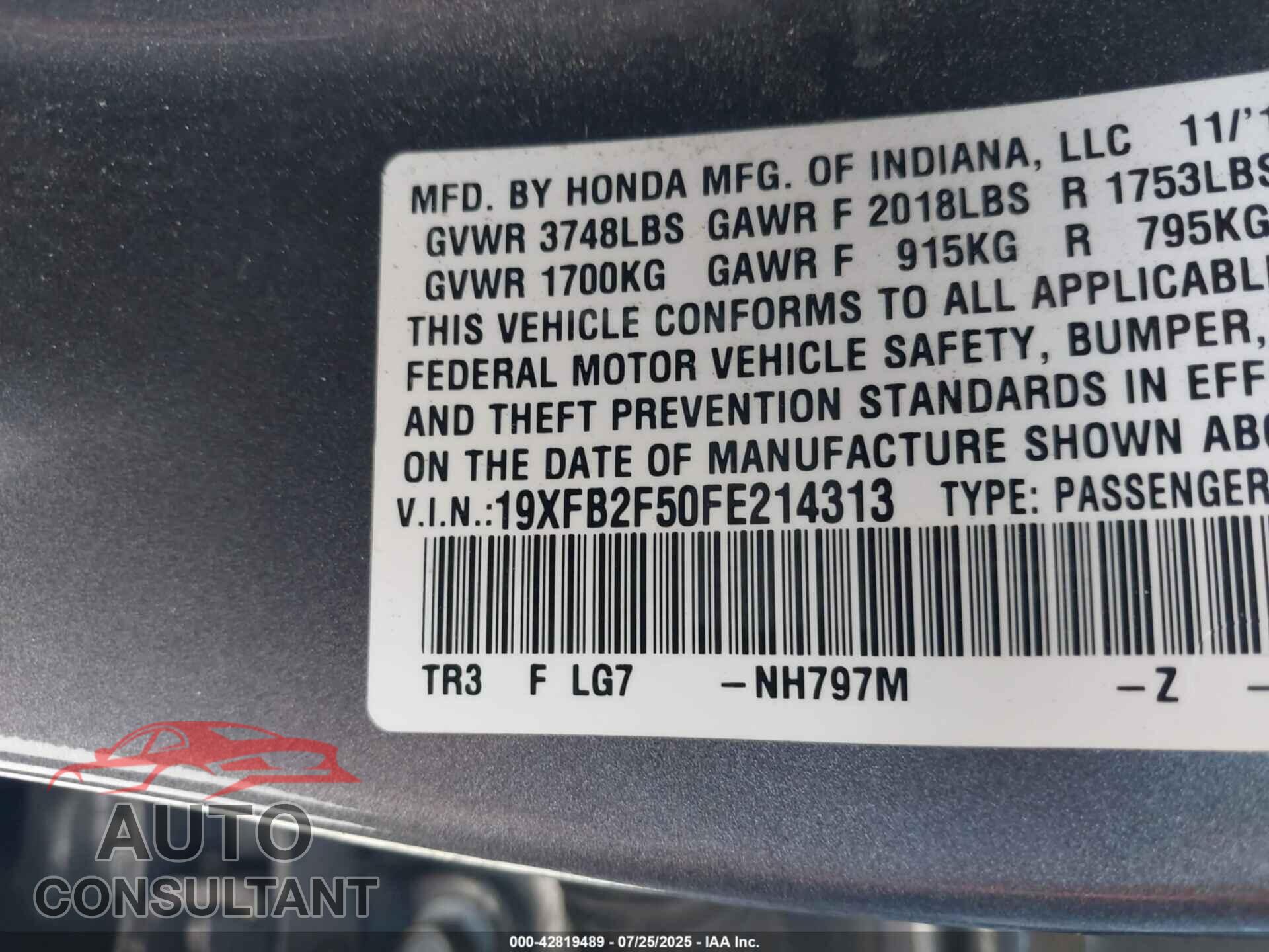HONDA CIVIC 2015 - 19XFB2F50FE214313