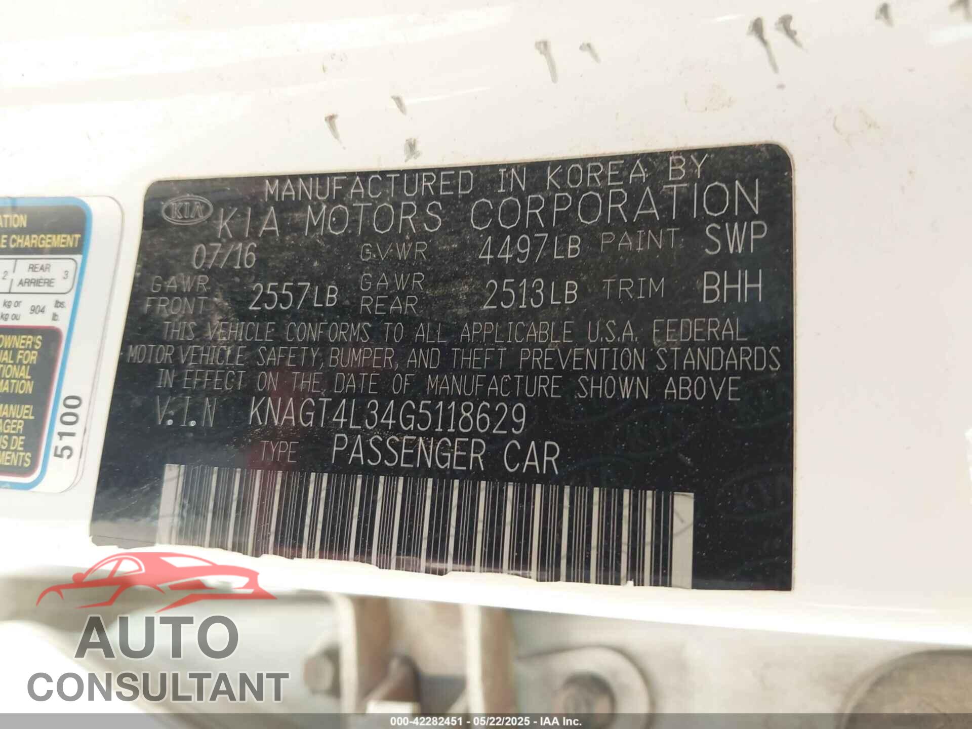 KIA OPTIMA 2016 - KNAGT4L34G5118629