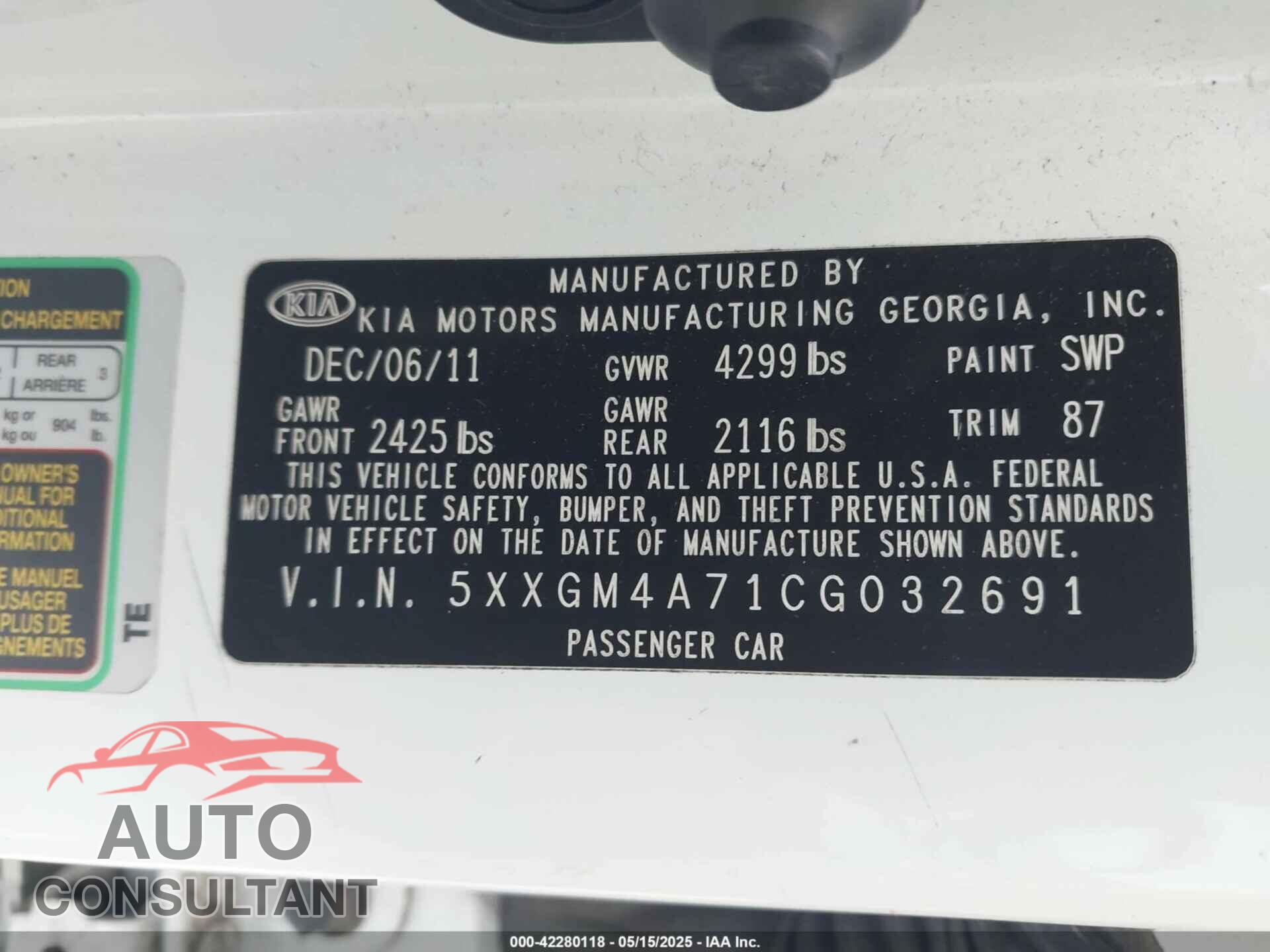 KIA OPTIMA 2012 - 5XXGM4A71CG032691
