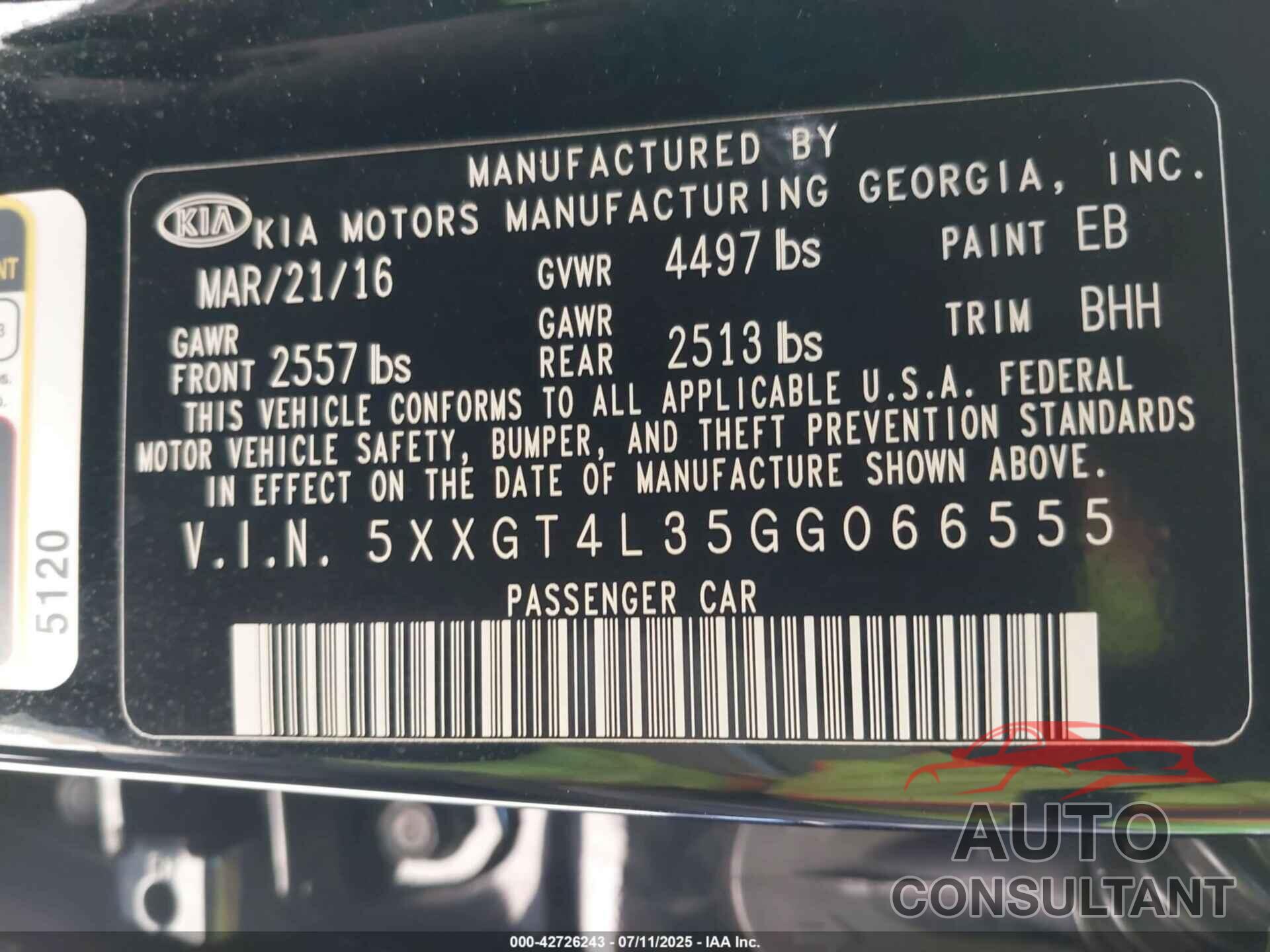 KIA OPTIMA 2016 - 5XXGT4L35GG066555
