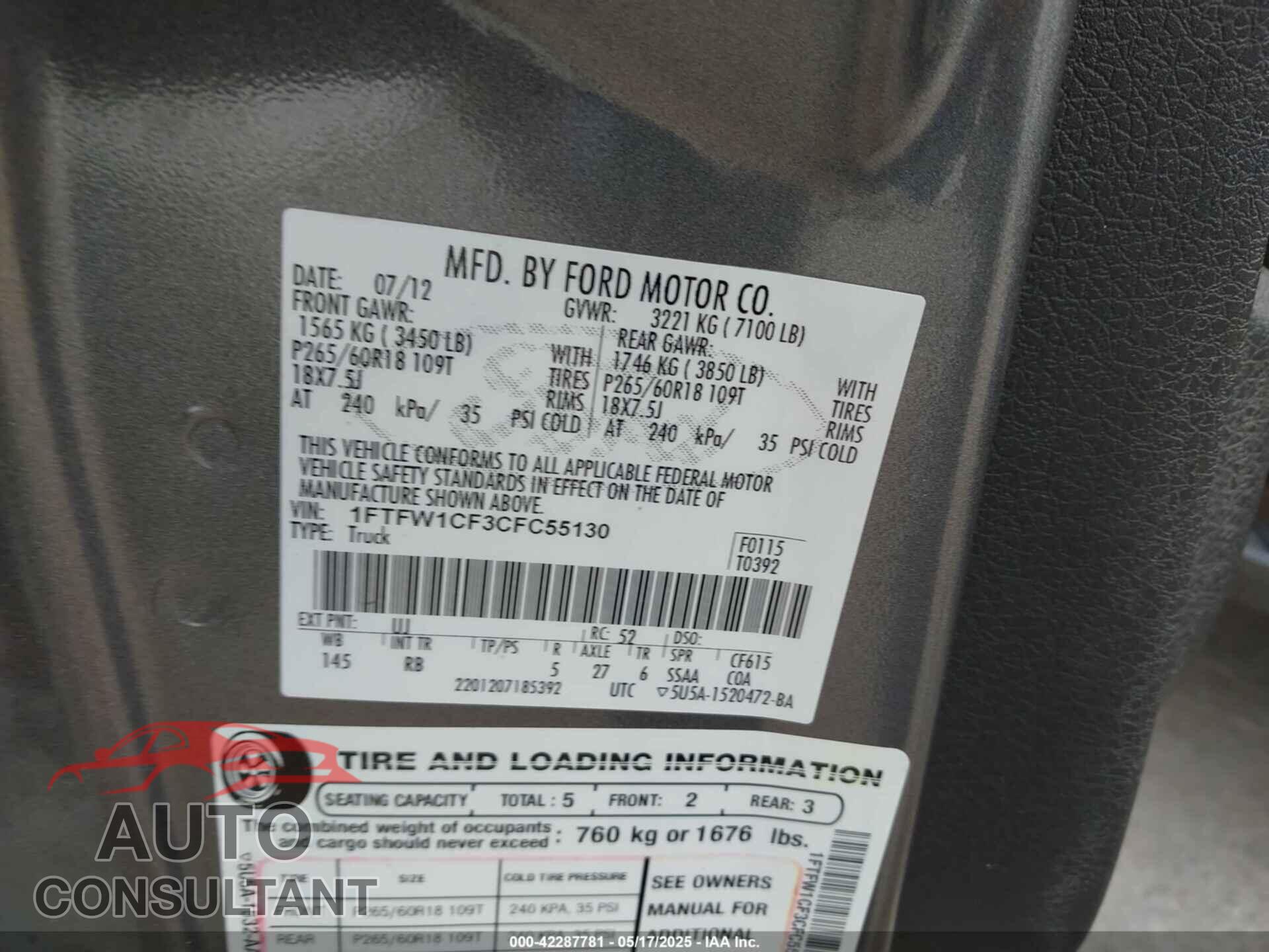 FORD F-150 2012 - 1FTFW1CF3CFC55130