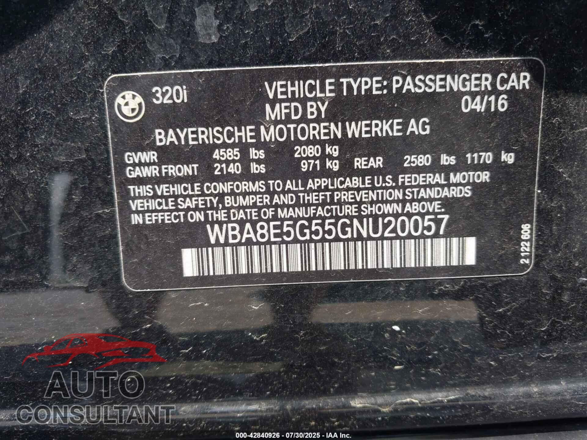 BMW 320I 2016 - WBA8E5G55GNU20057