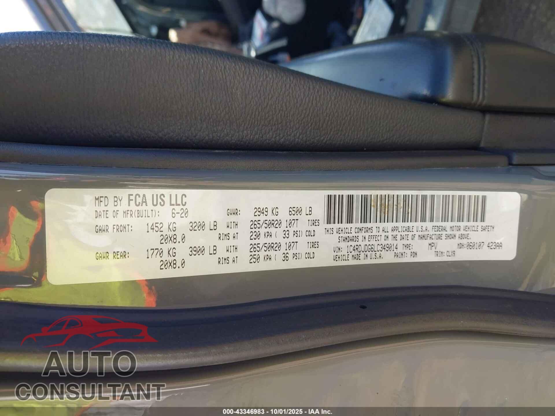 DODGE DURANGO 2020 - 1C4RDJDG6LC349014