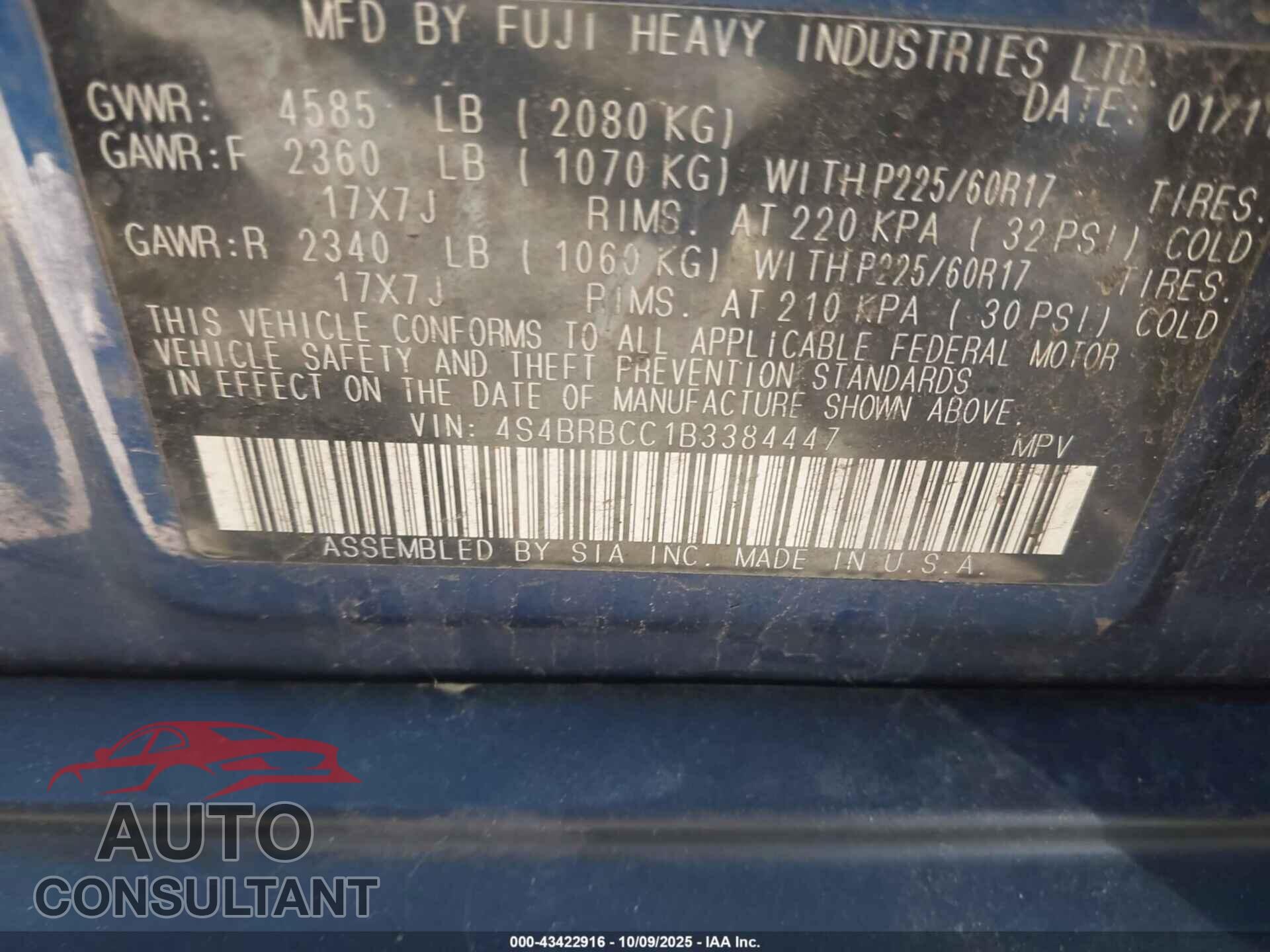 SUBARU OUTBACK 2011 - 4S4BRBCC1B3384447