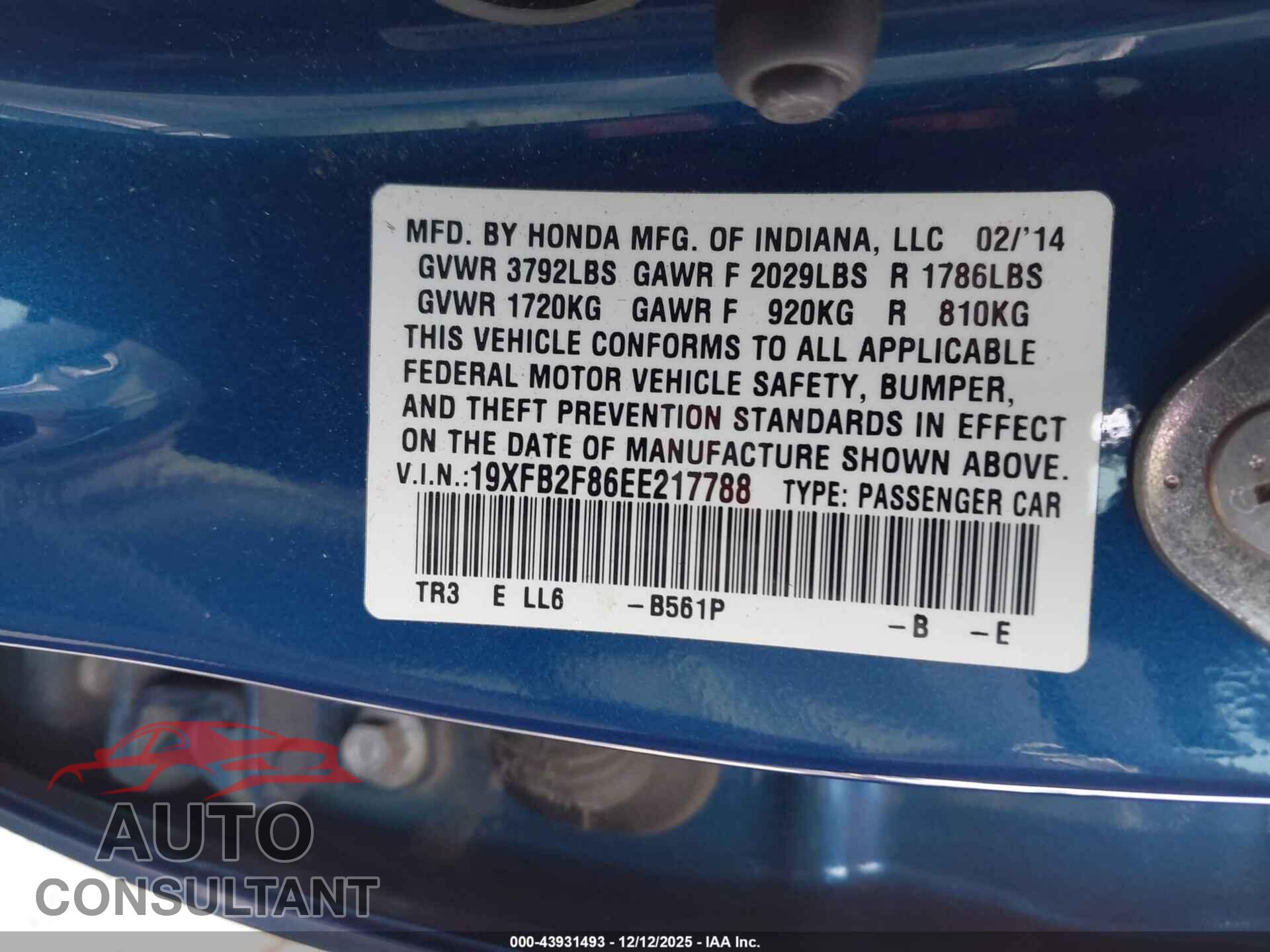 HONDA CIVIC 2014 - 19XFB2F86EE217788