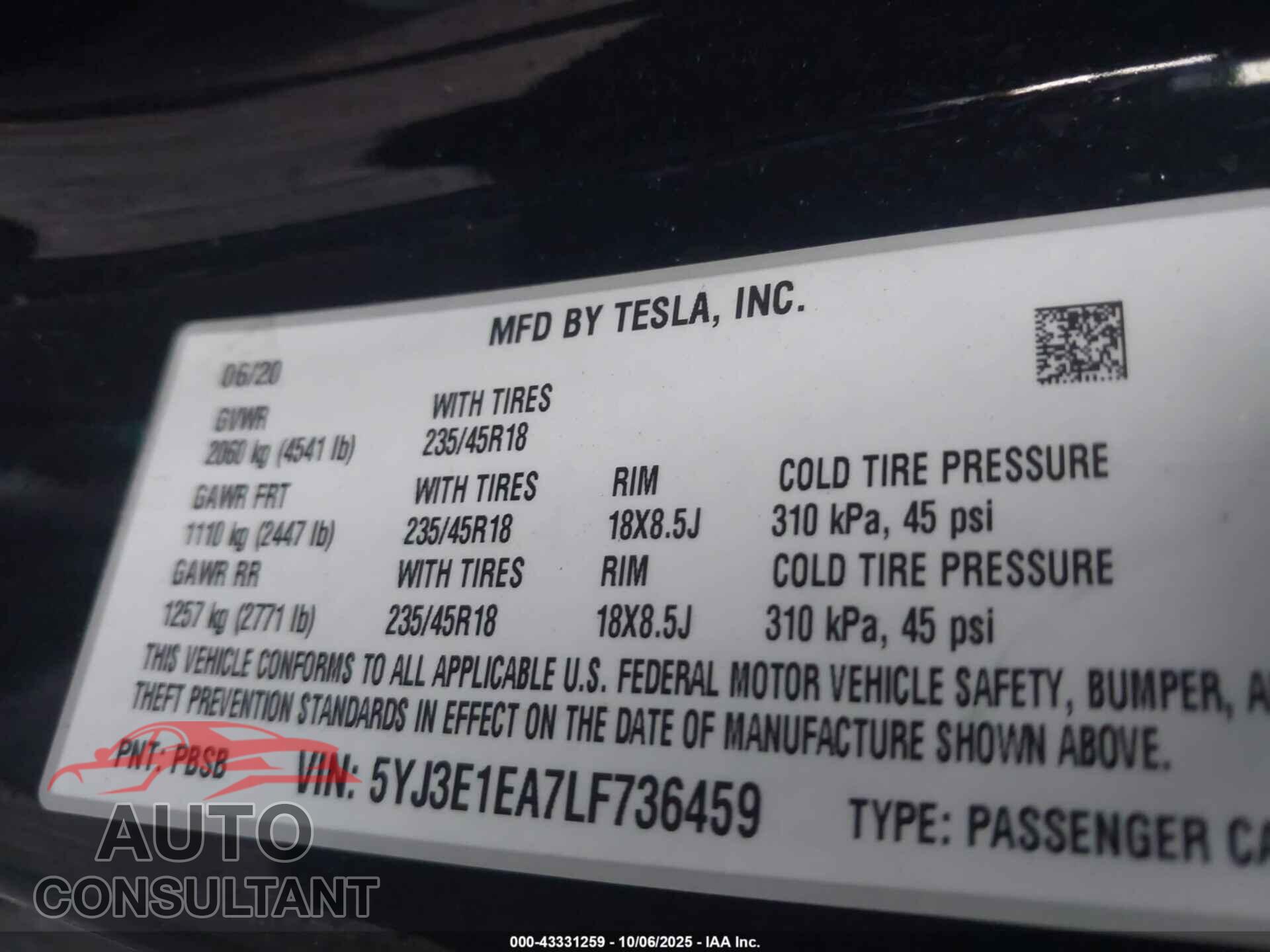 TESLA MODEL 3 2020 - 5YJ3E1EA7LF736459