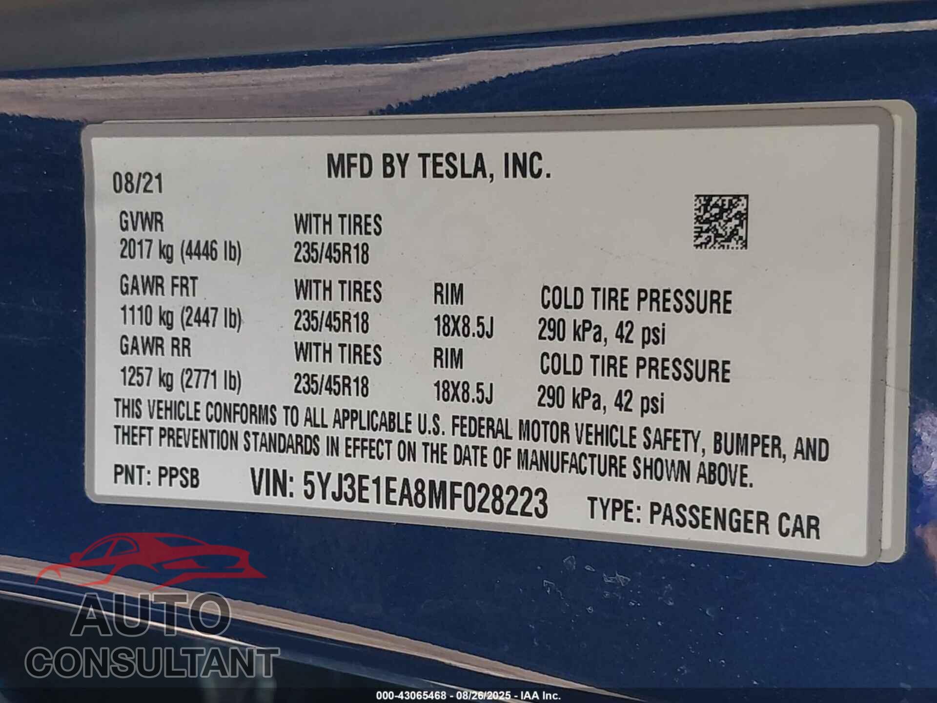 TESLA MODEL 3 2021 - 5YJ3E1EA8MF028223